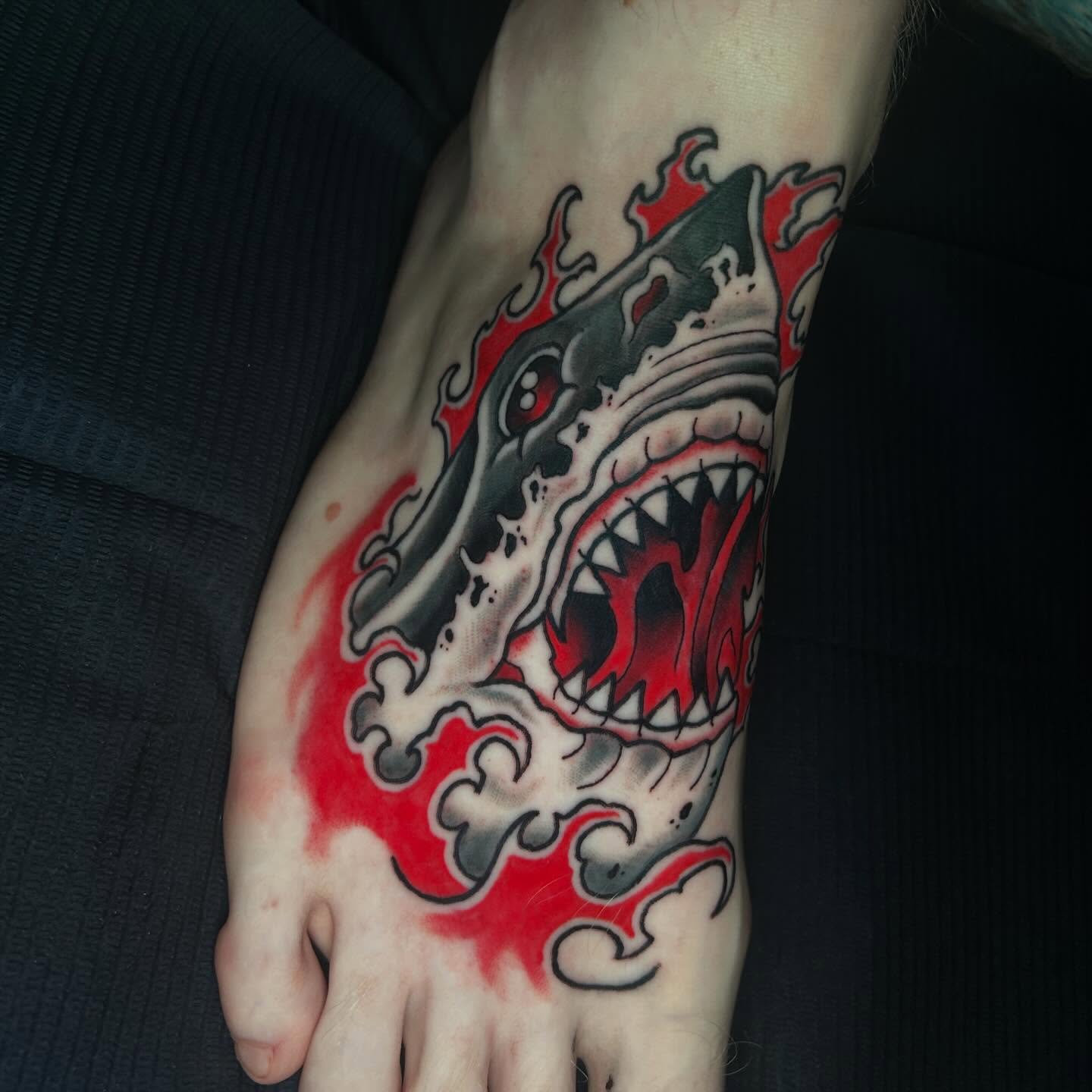 Shark American traditional tattoo on the foot by 𝕸𝖞𝖆