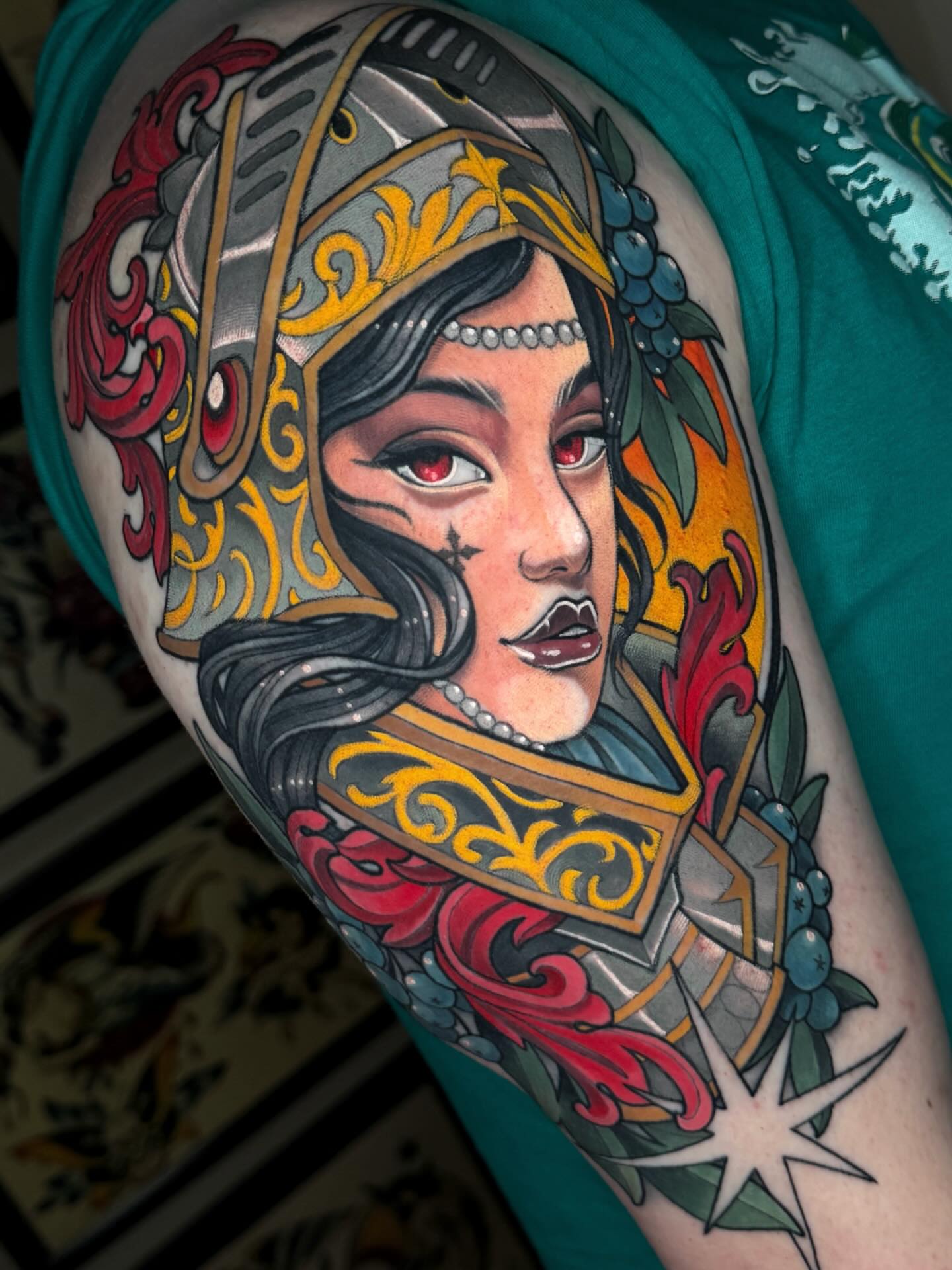 Woman in armor American traditional tattoo on the forearm by James Boag