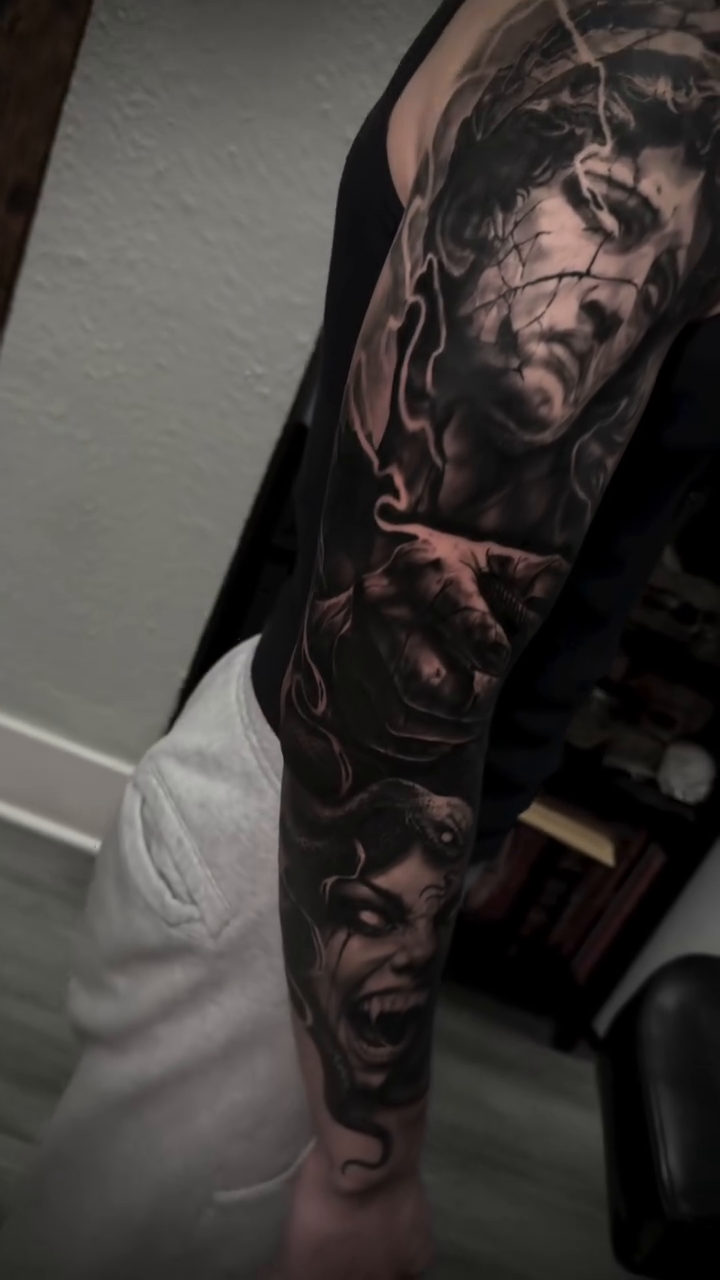 Portrait sleeve realism tattoo by Chuck James, Roseville, California