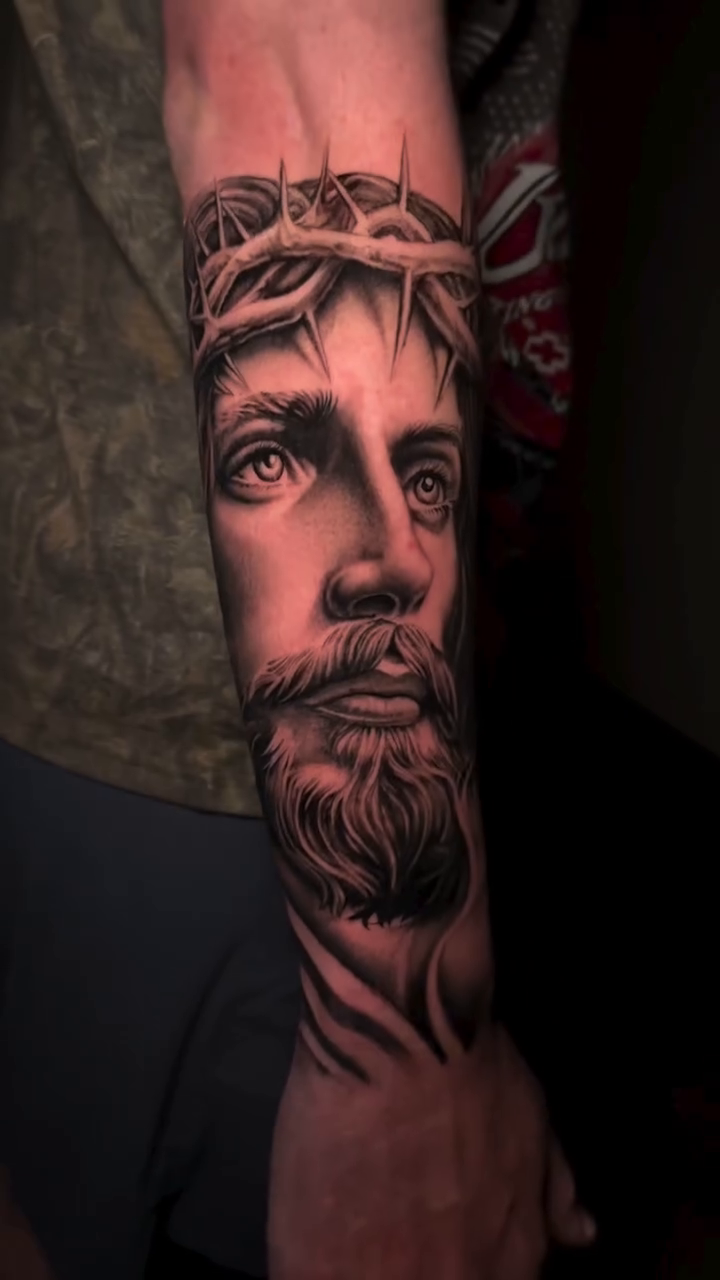 Jesus Christ portrait realism tattoo by 📍 Austin
