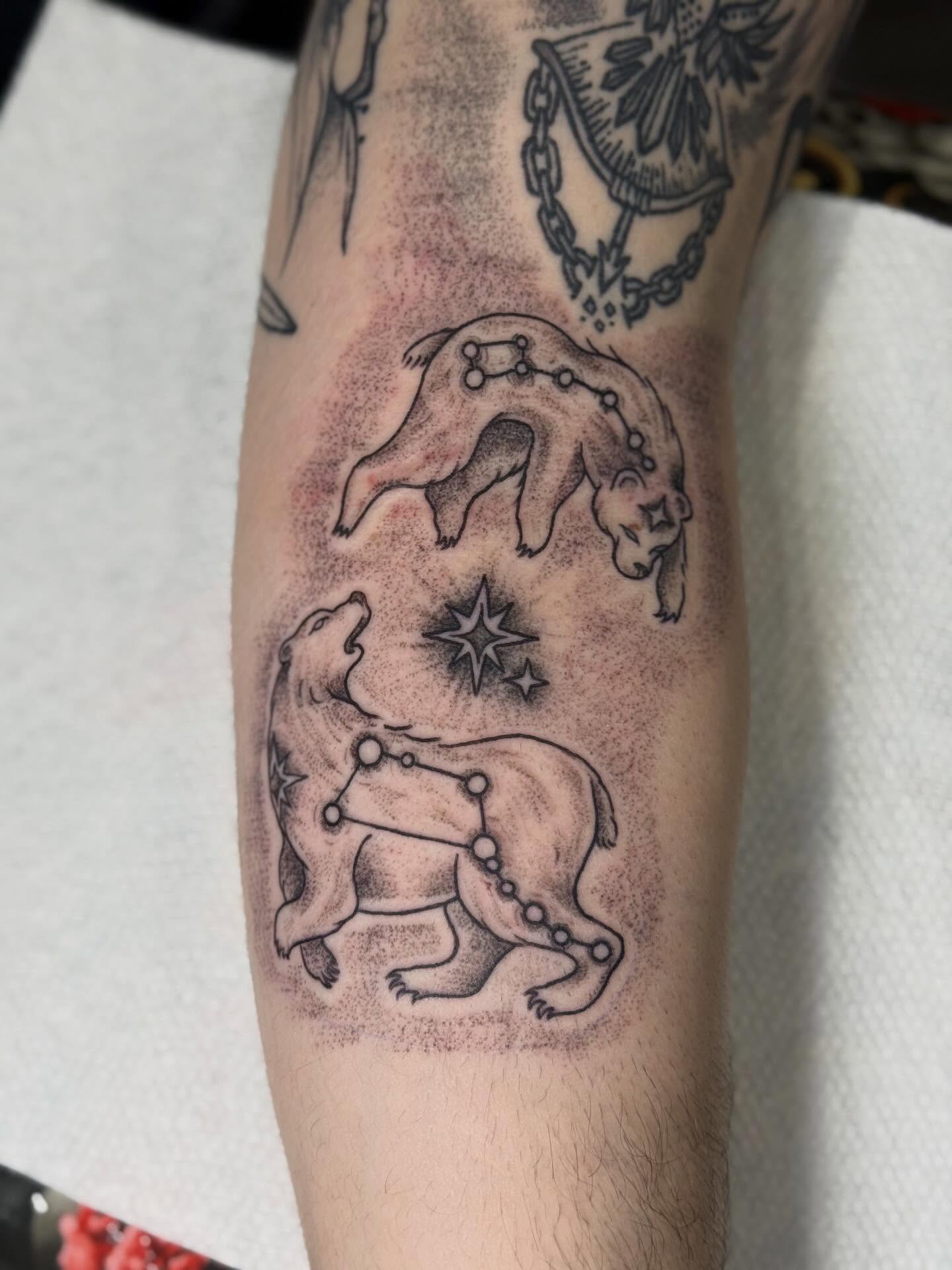 Constellation bears dotwork tattoo on the forearm by Camryn Justice
