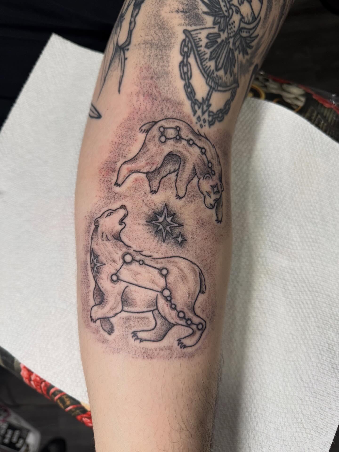 Constellation bears dotwork tattoo on the forearm by Camryn Justice