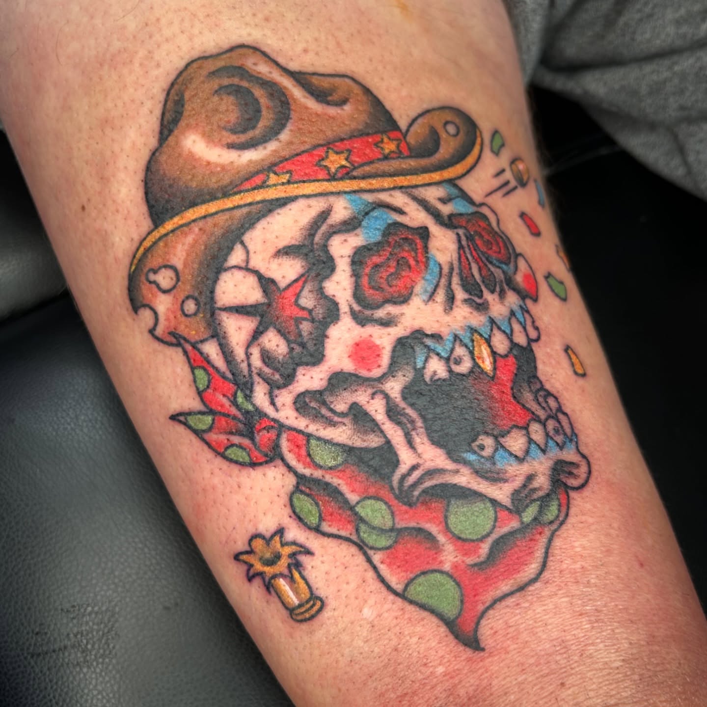 Skull with sombrero American traditional tattoo on the forearm by Audrey Migitsch