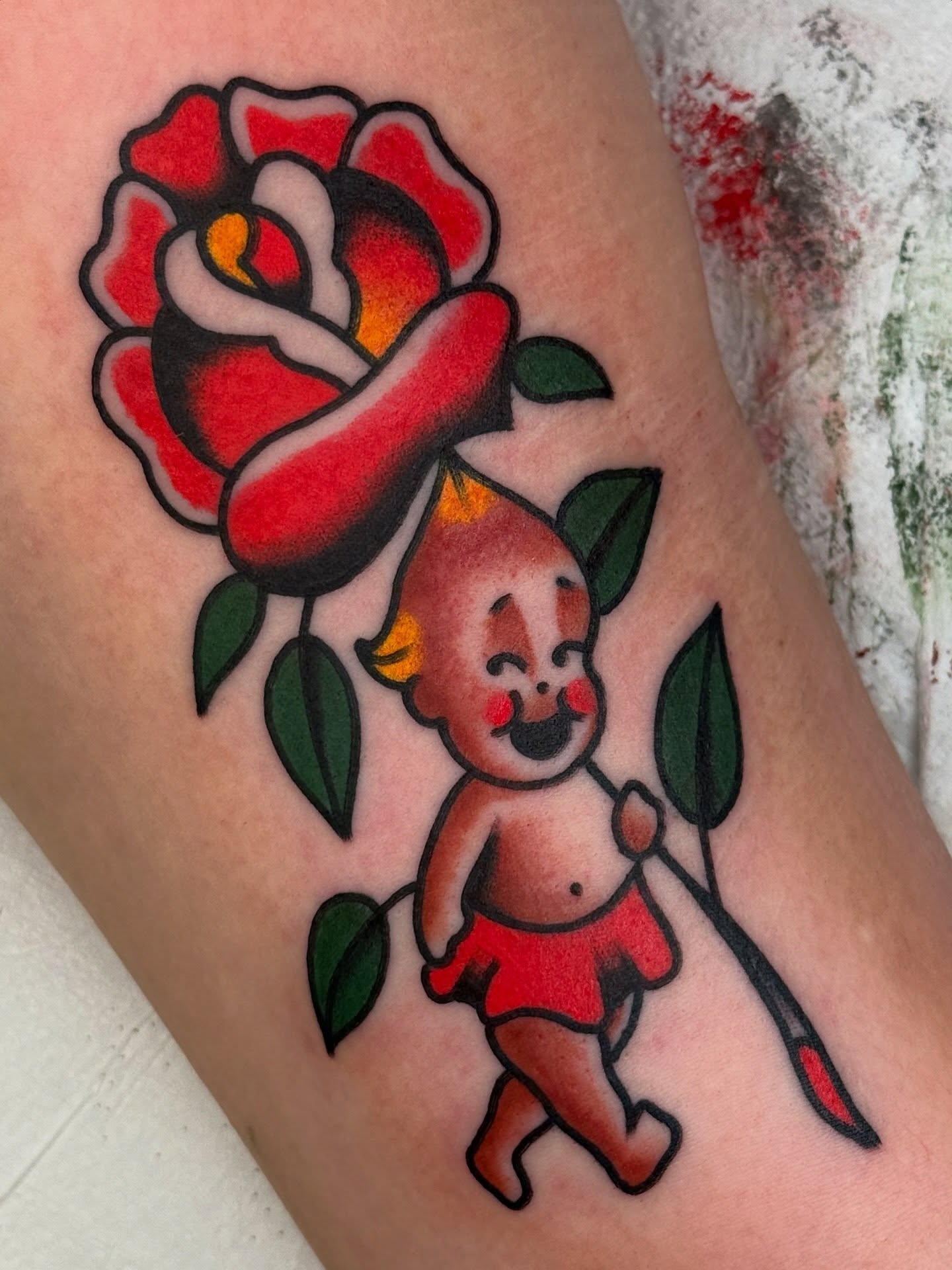 Clown with rose American traditional tattoo on the thigh by ๐ฎ๐๐๐๐ ๐ญ๐๐๐๐๐