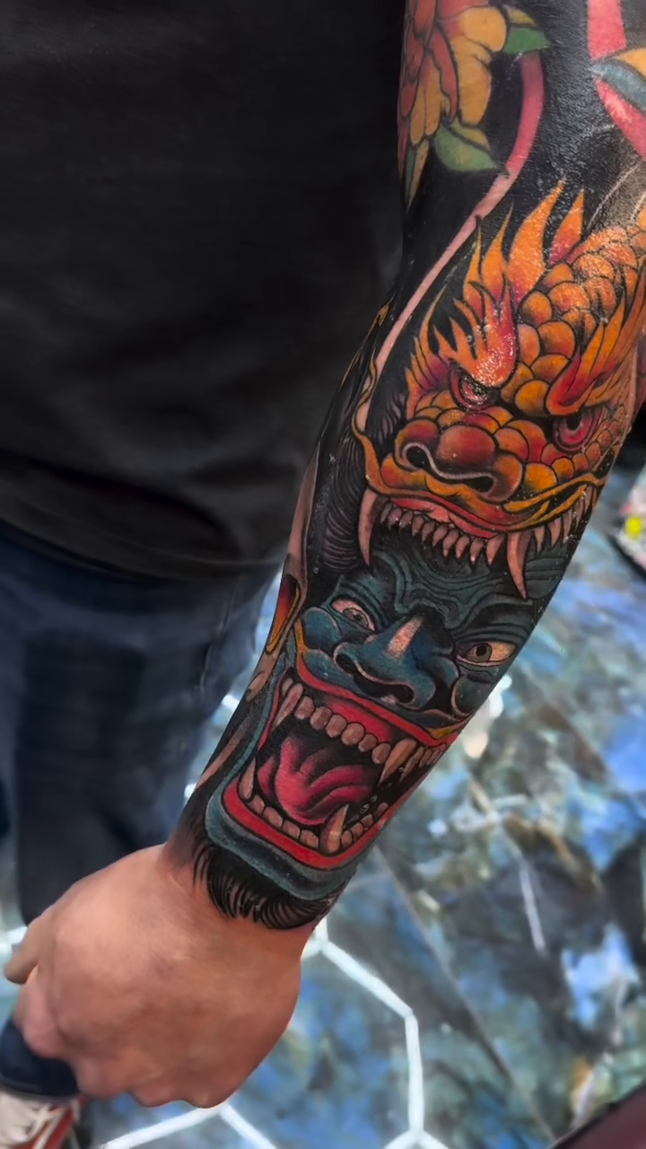 Dragon and Oni mask japanese irezumi tattoo by Licensed Tattoo Artist πΈπ»