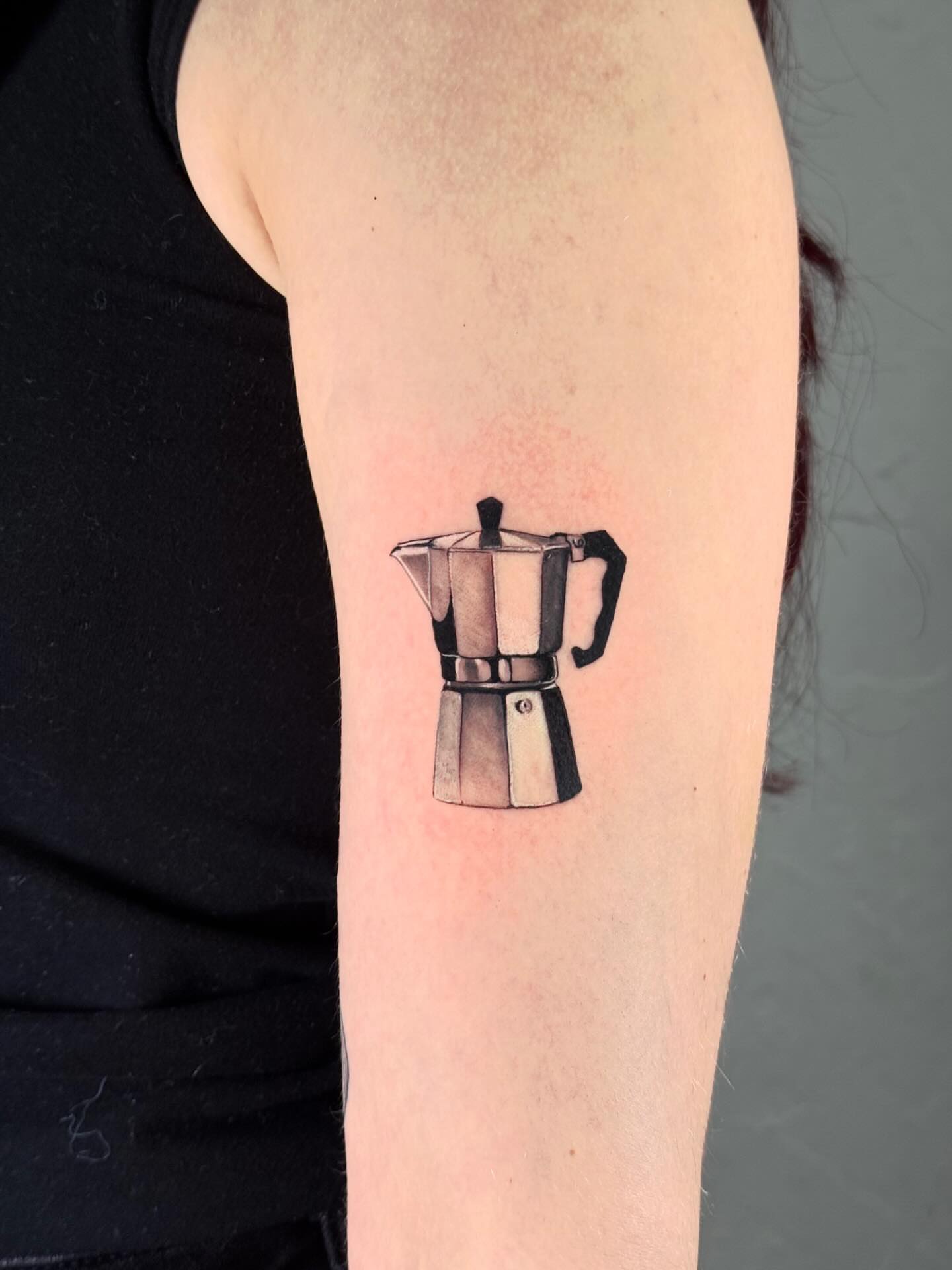 Moka pot watercolor tattoo on the forearm by Ricky, Chicago, Illinois