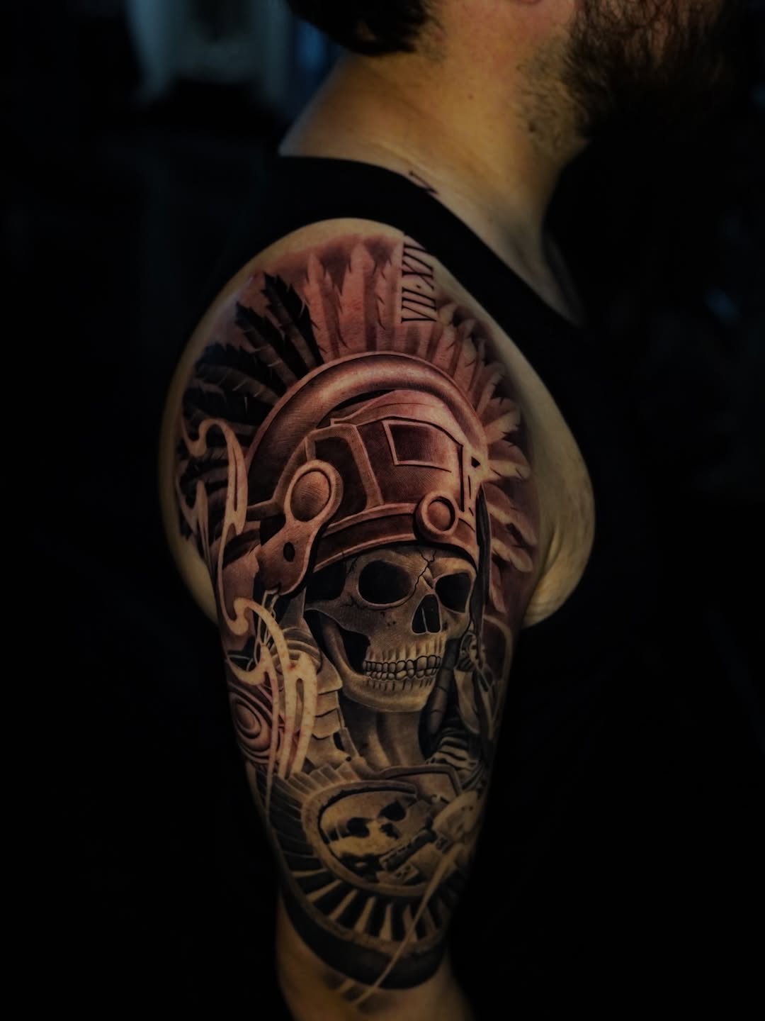 Skull in headdress realism tattoo on the shoulder by Salvador Saenz Jr, Dallas, Texas
