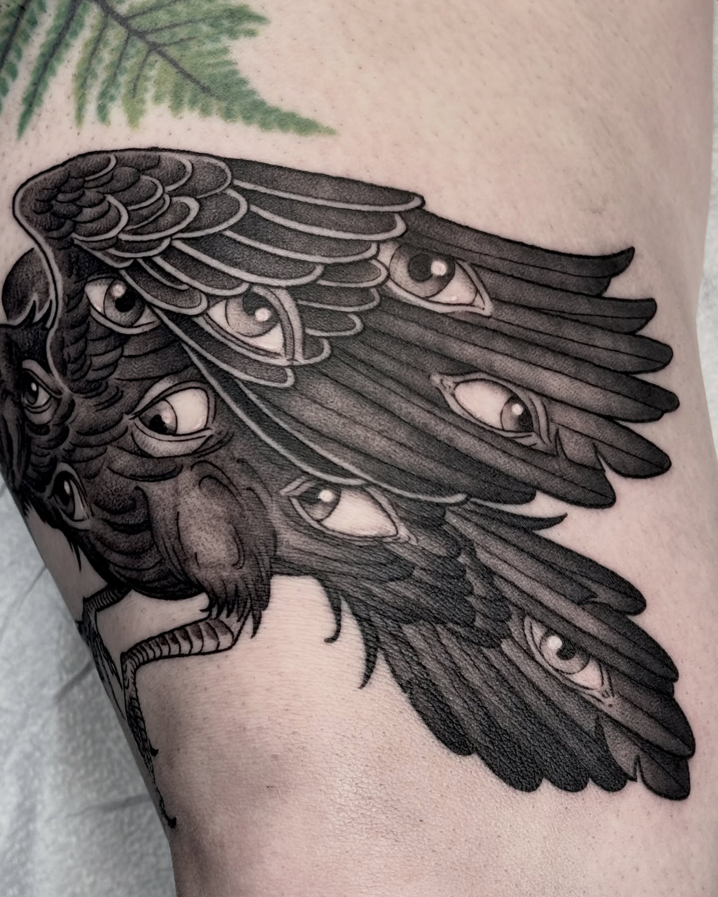 Owl eyes black and grey tattoo on the thigh by Hannah May, La Mesa, California