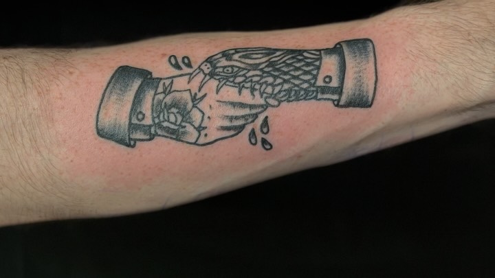Hands breaking bottle dotwork tattoo on the forearm by cortez