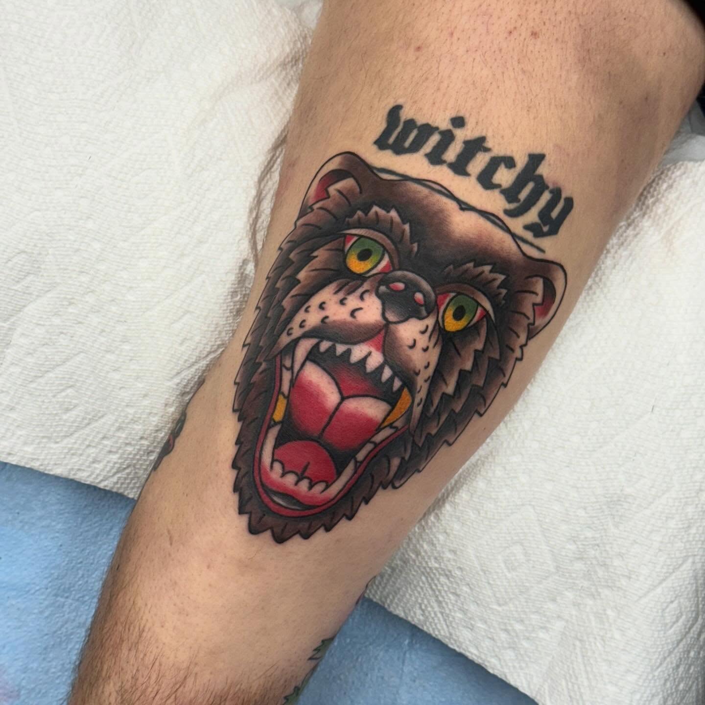 Roaring bear American traditional tattoo on the forearm by Ben