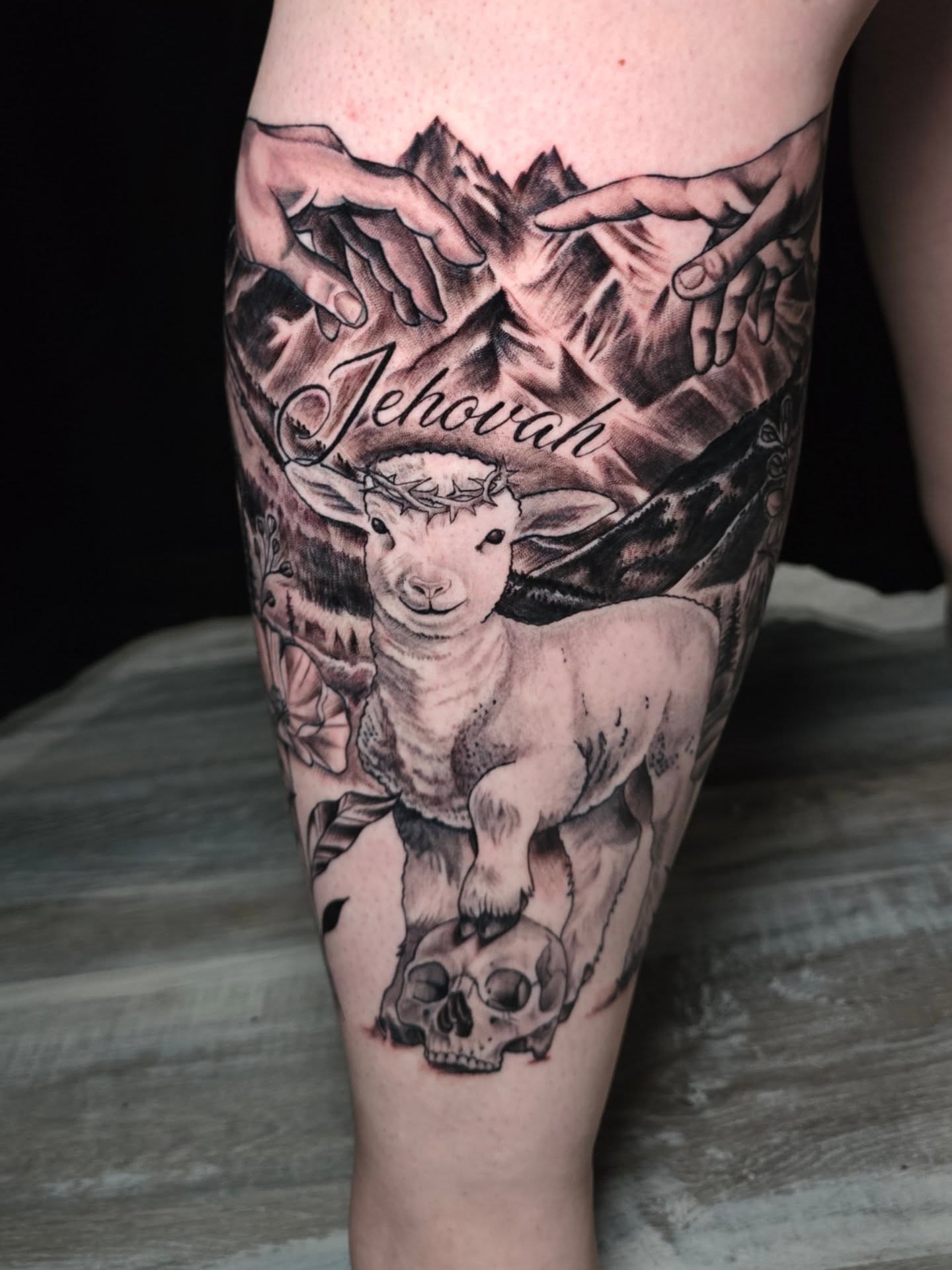 Lamb and skull realism tattoo on the thigh by Camuel Whaley
