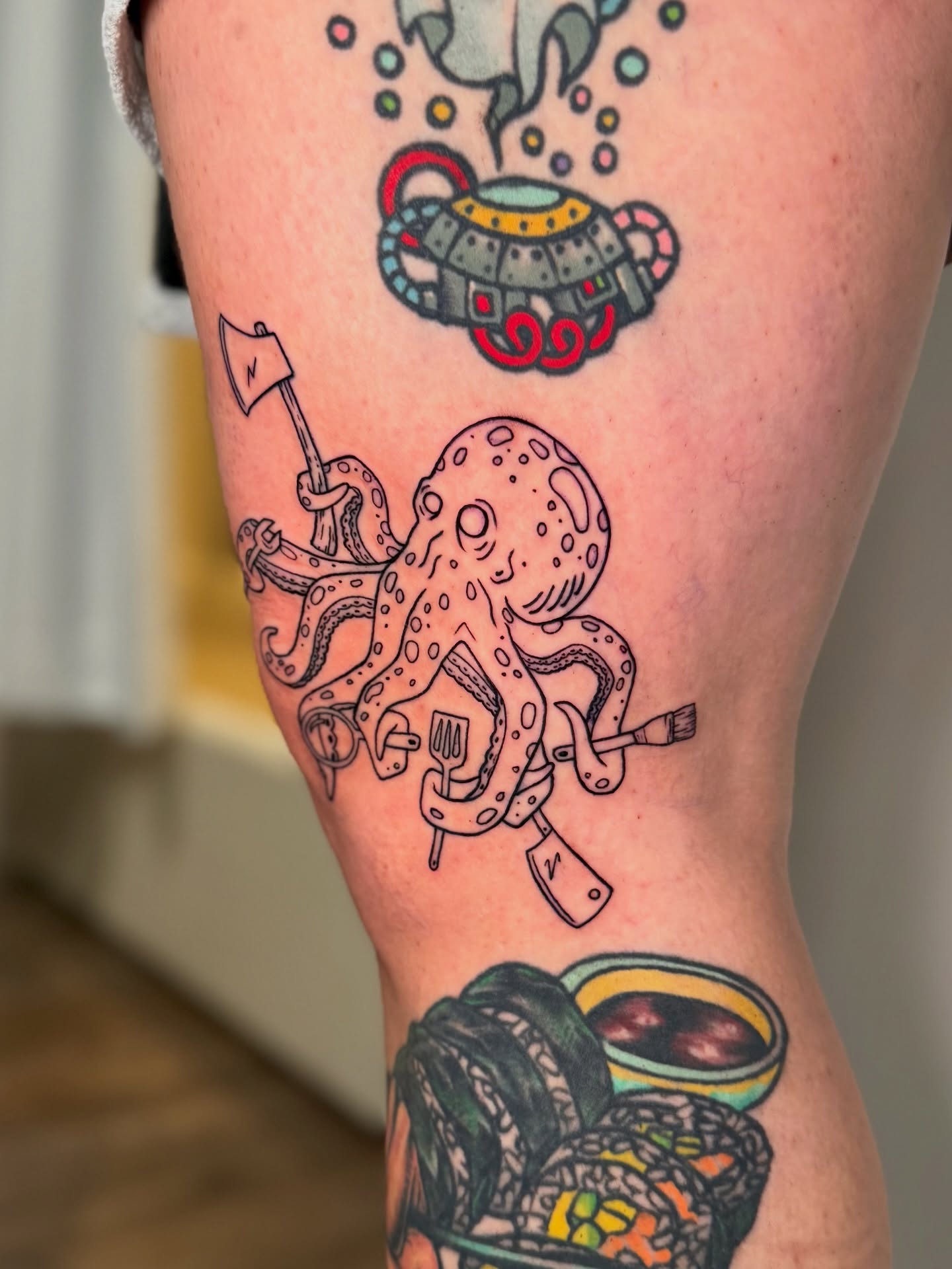 Octopus cooking American traditional tattoo on the leg by Tatum