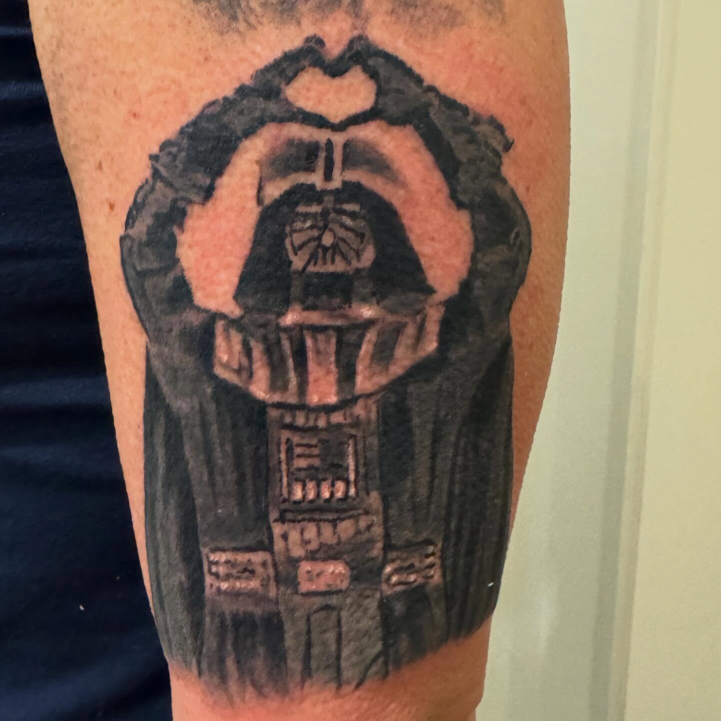 Darth vader helmet black and grey tattoo on the forearm by spikecitytattoo
