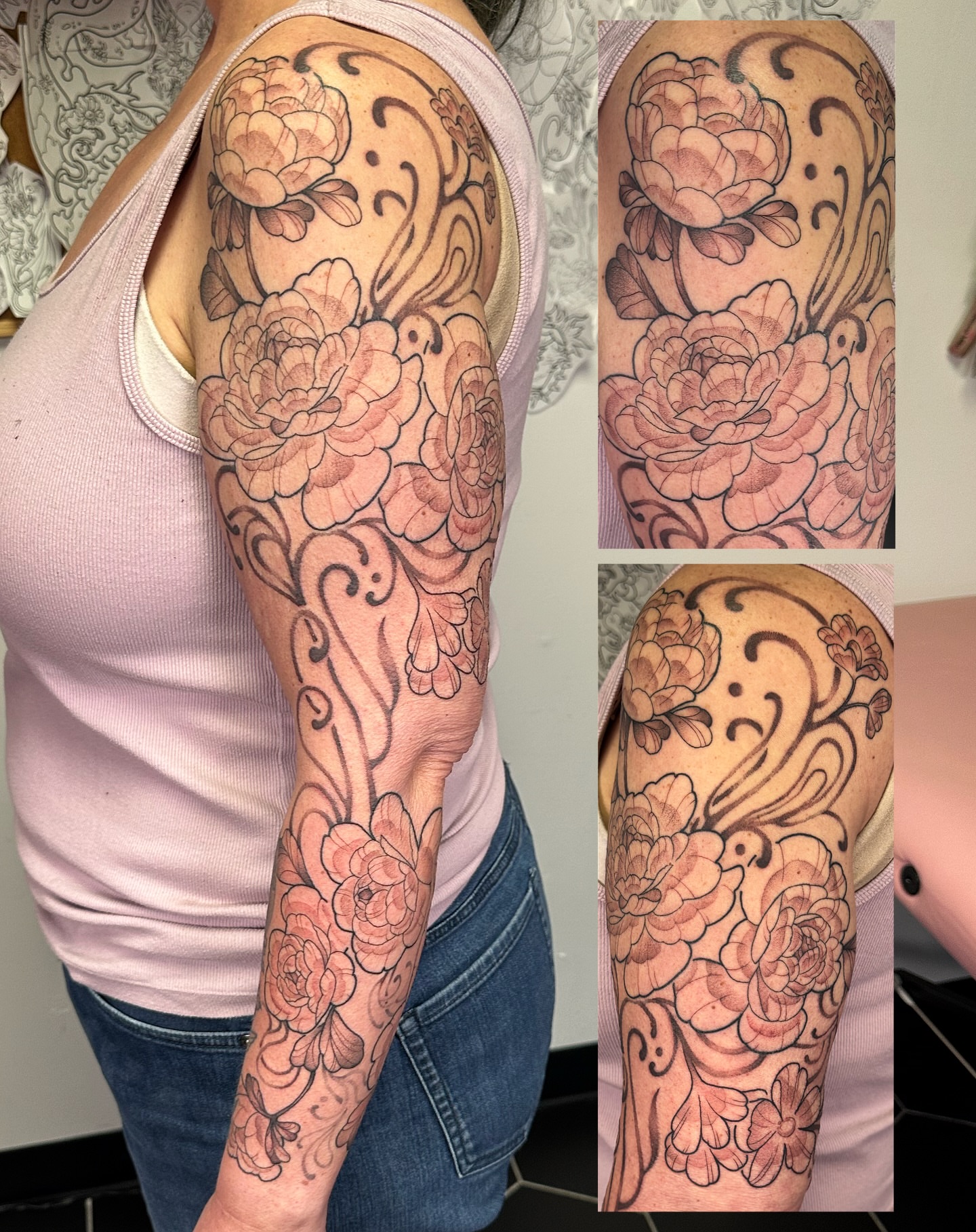 Floral bouquet black and grey tattoo on the upper arm by TATTOOLIZARD (James)