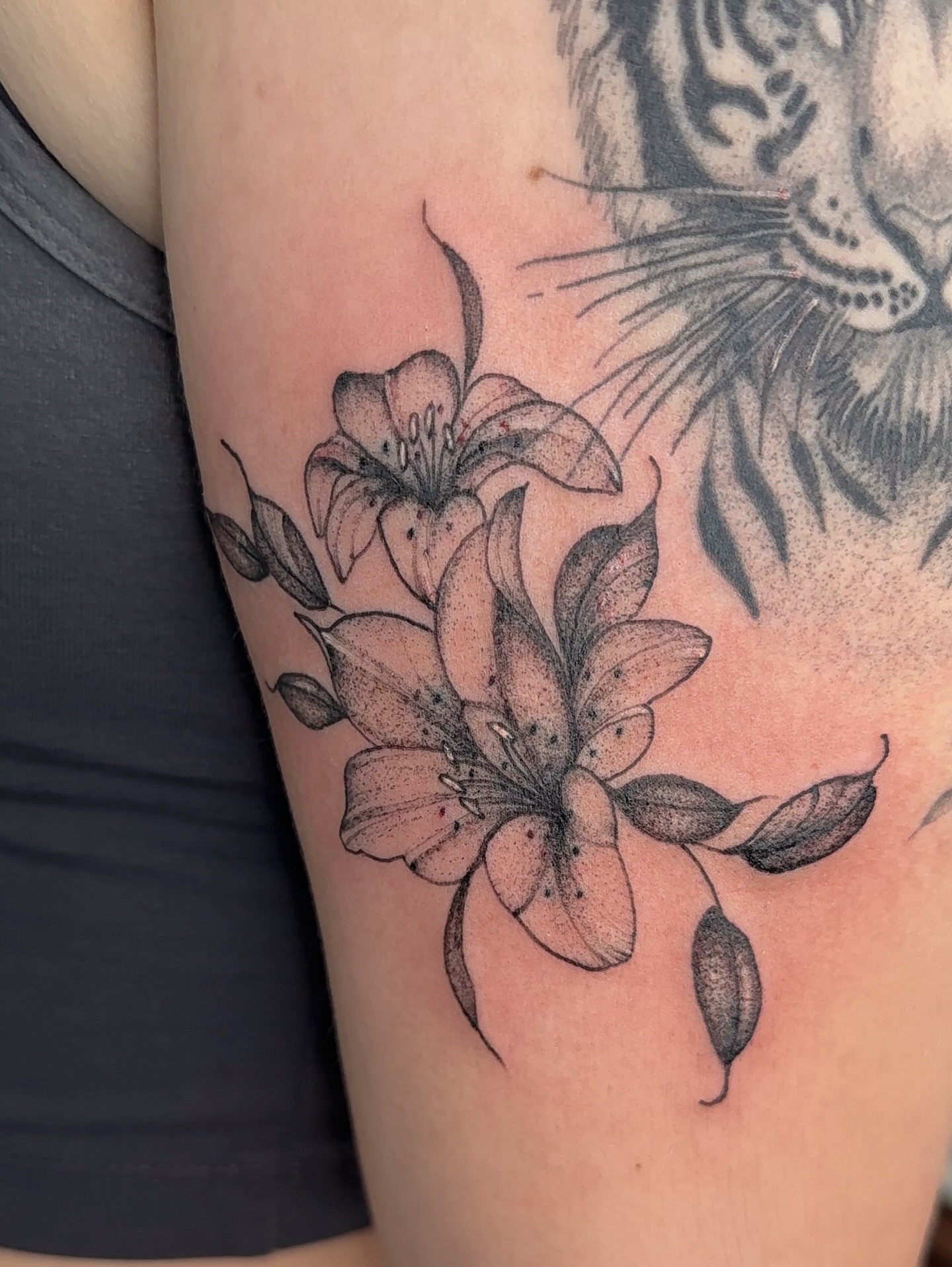 Lilies dotwork tattoo on the forearm by ❤️‍🔥 Abigail Chambers ❤️‍🔥