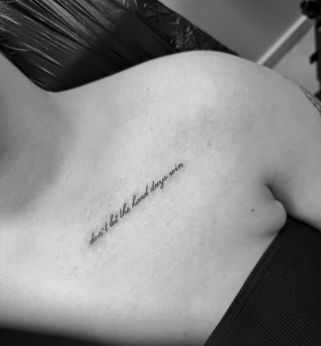 Script lettering lettering tattoo on the shoulder by Lina Valentina, New York, New York