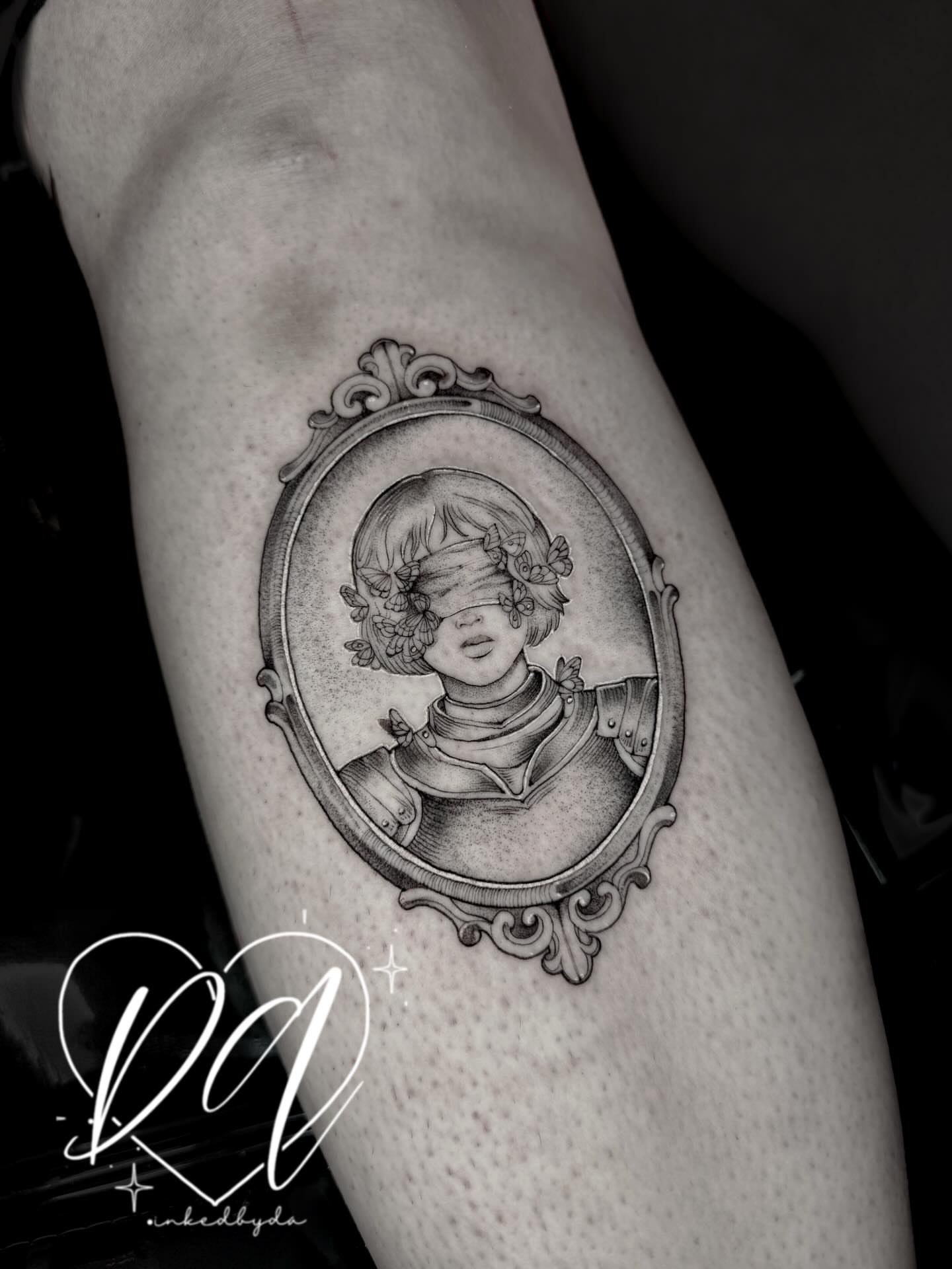 Portrait of a blindfolded child realism tattoo on the forearm by Dalton Alexandria