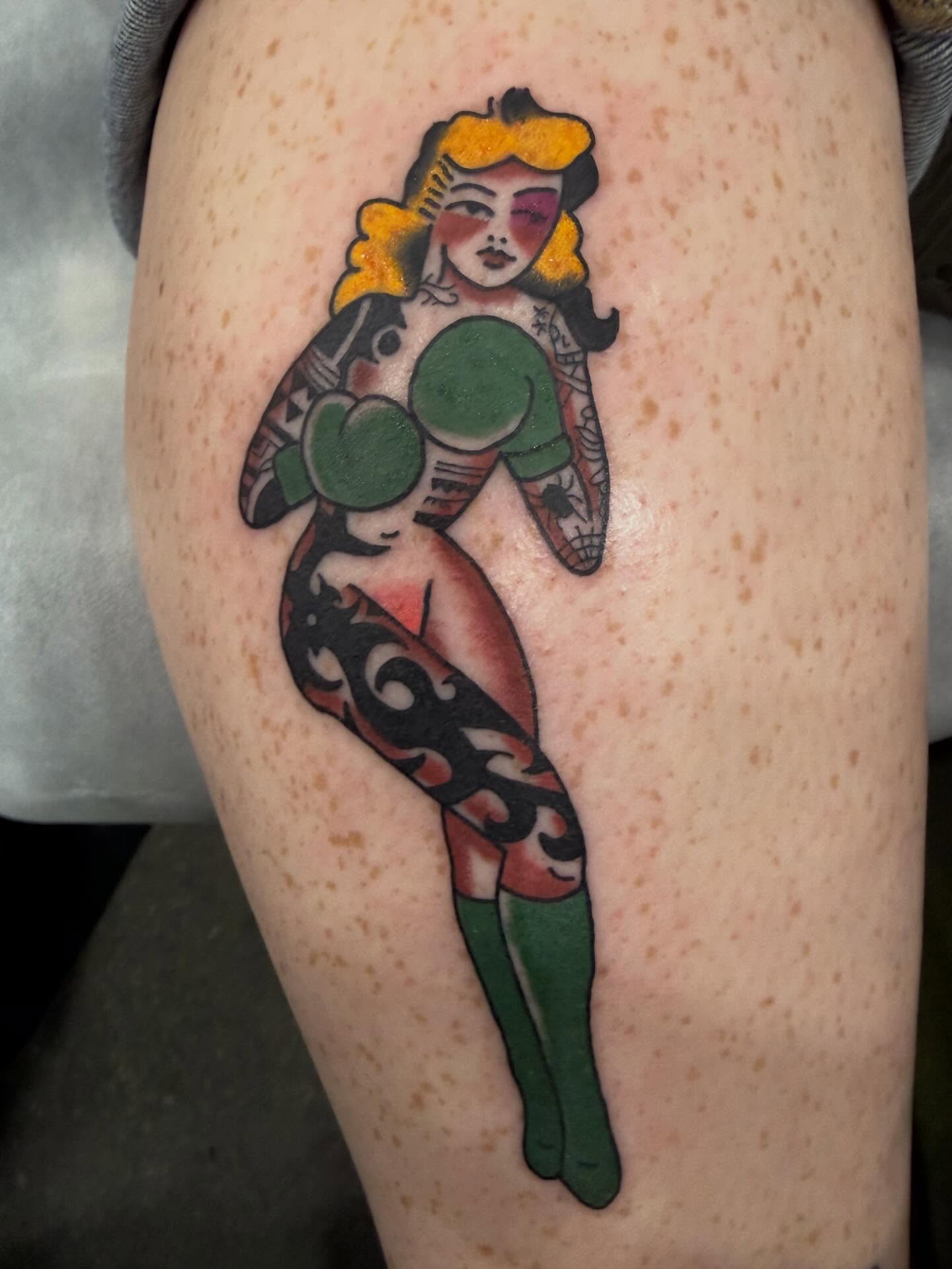 Boxing pin-up girl American traditional tattoo on the thigh by P R O P H e T T R A V I S