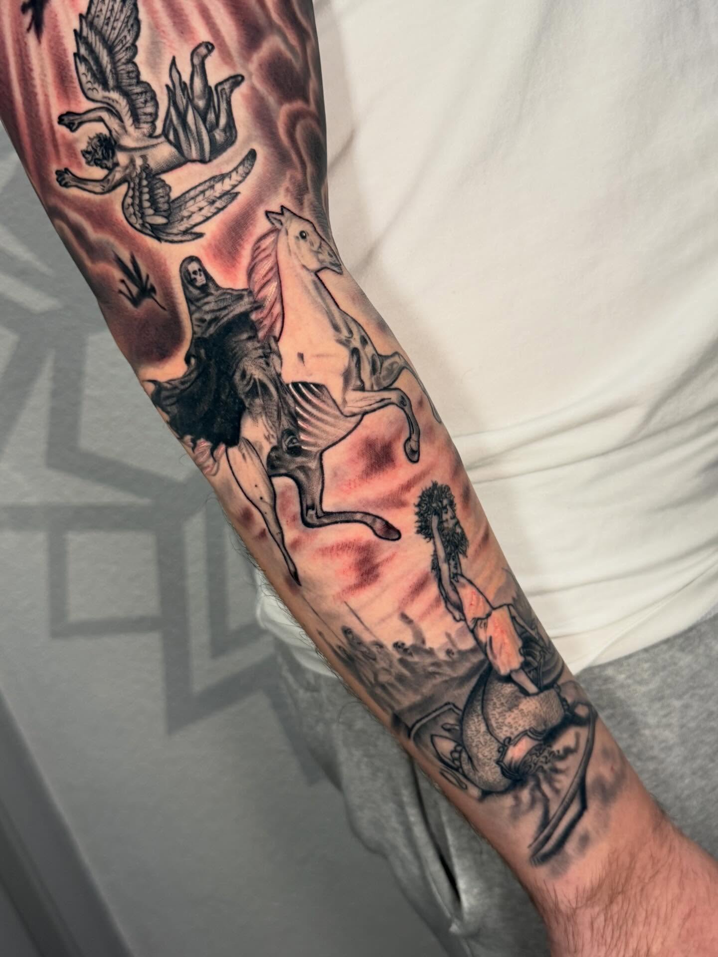 Mythical creatures neo-traditional tattoo on the forearm by Las Vegas Tattoo Artist, Las Vegas, Nevada