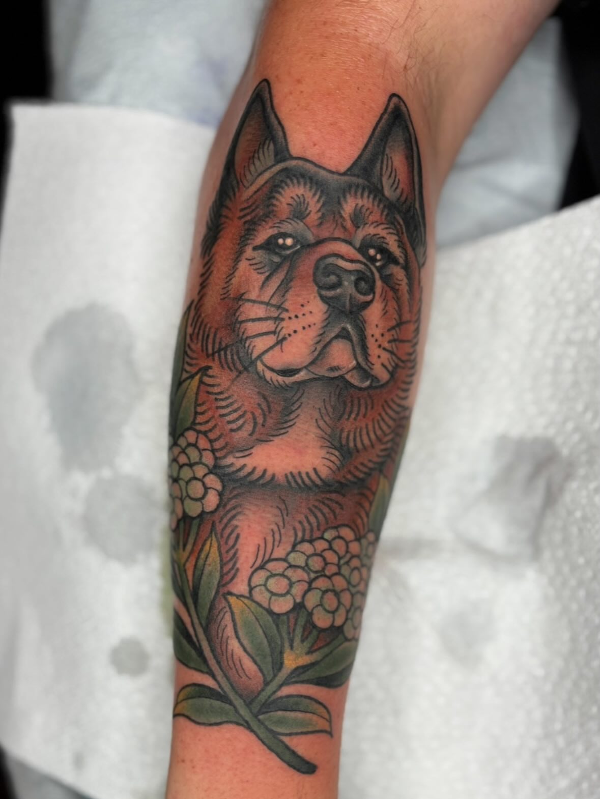 Dog with flowers American traditional tattoo on the forearm by Cody Collins
