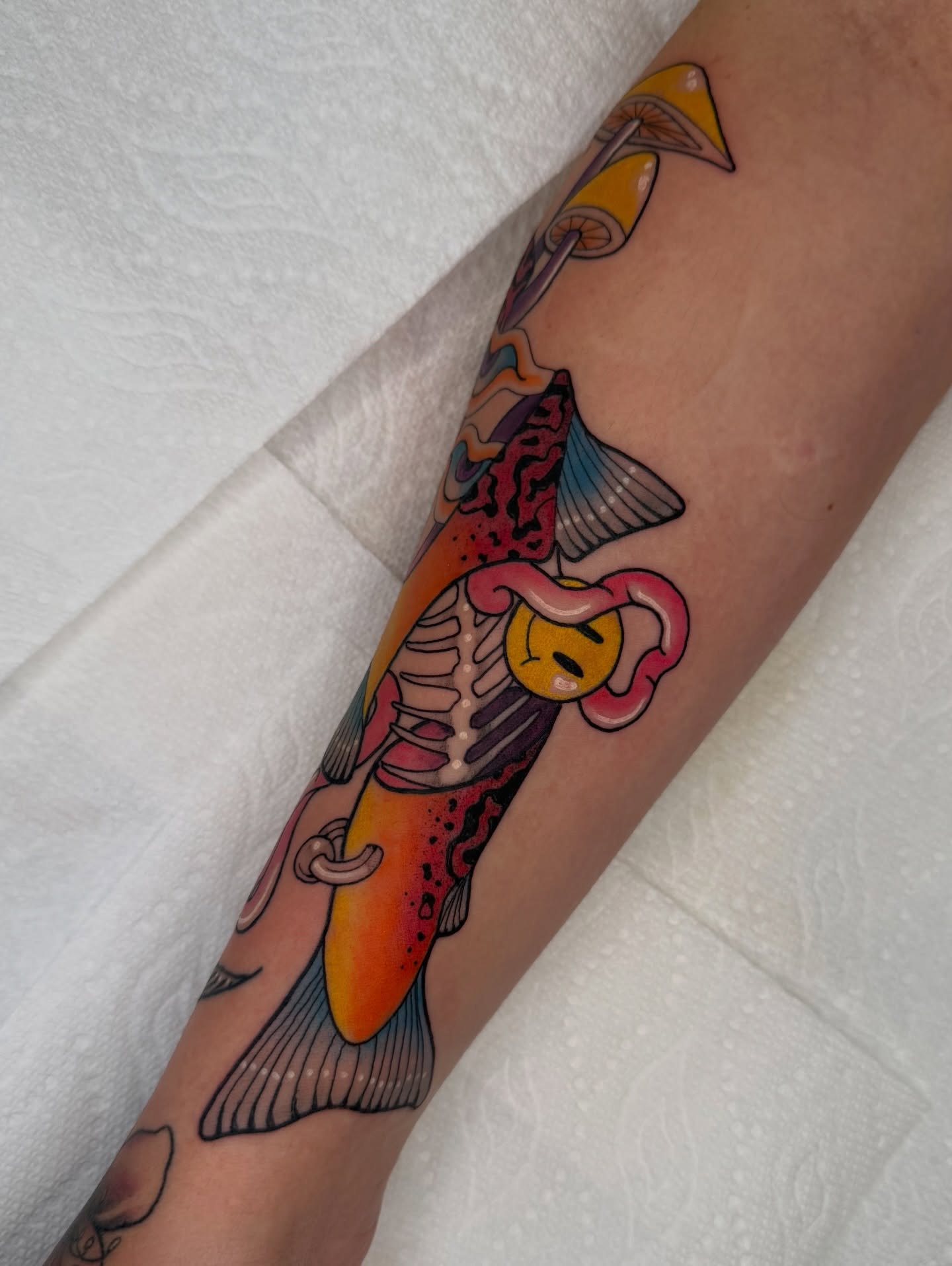 Fish skeleton American traditional tattoo on the forearm by 𝔓𝔢𝔞𝔠𝔥𝔶 𝔄𝔫𝔰𝔩𝔢𝔶