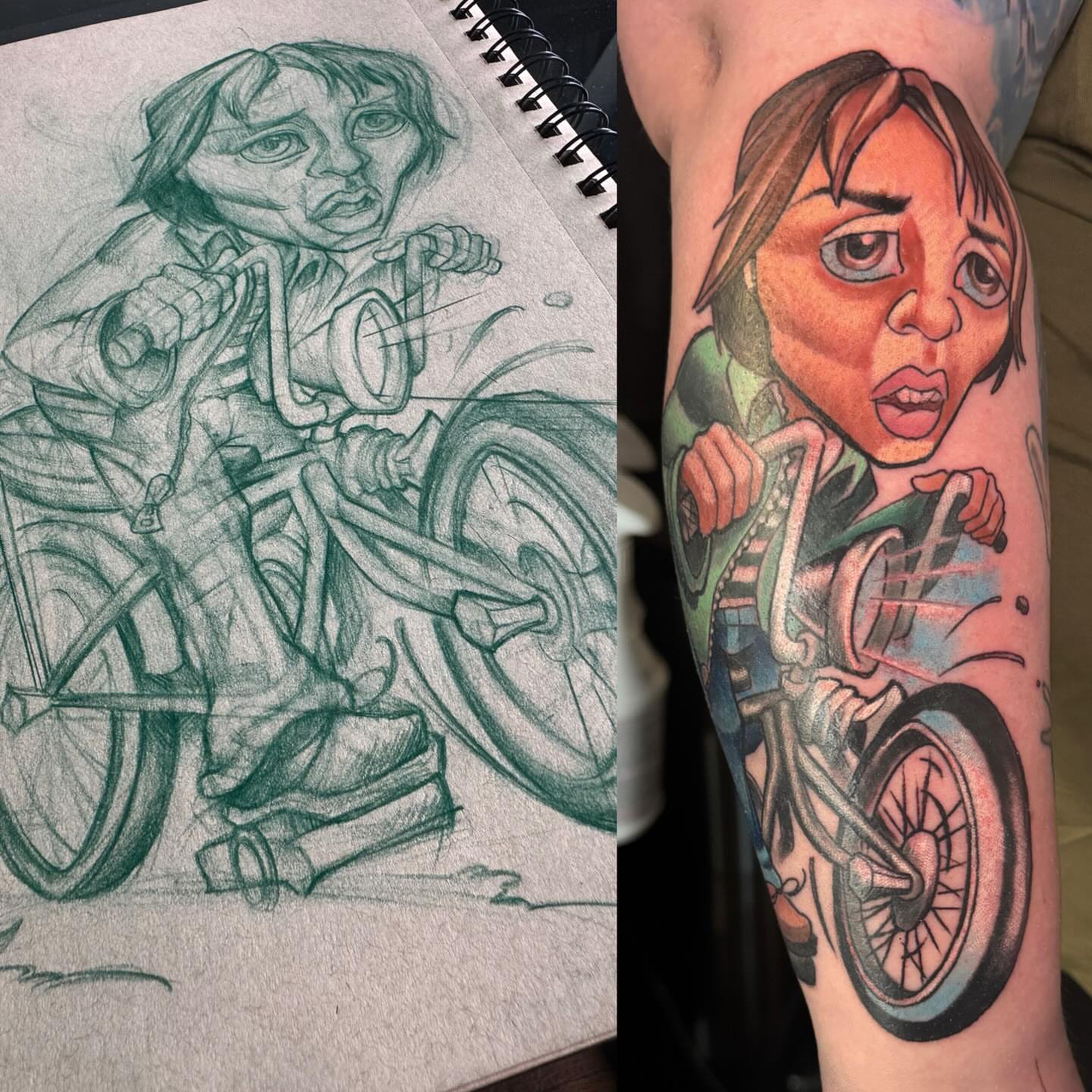 Girl riding bike realism tattoo on the forearm by Paul Hicks