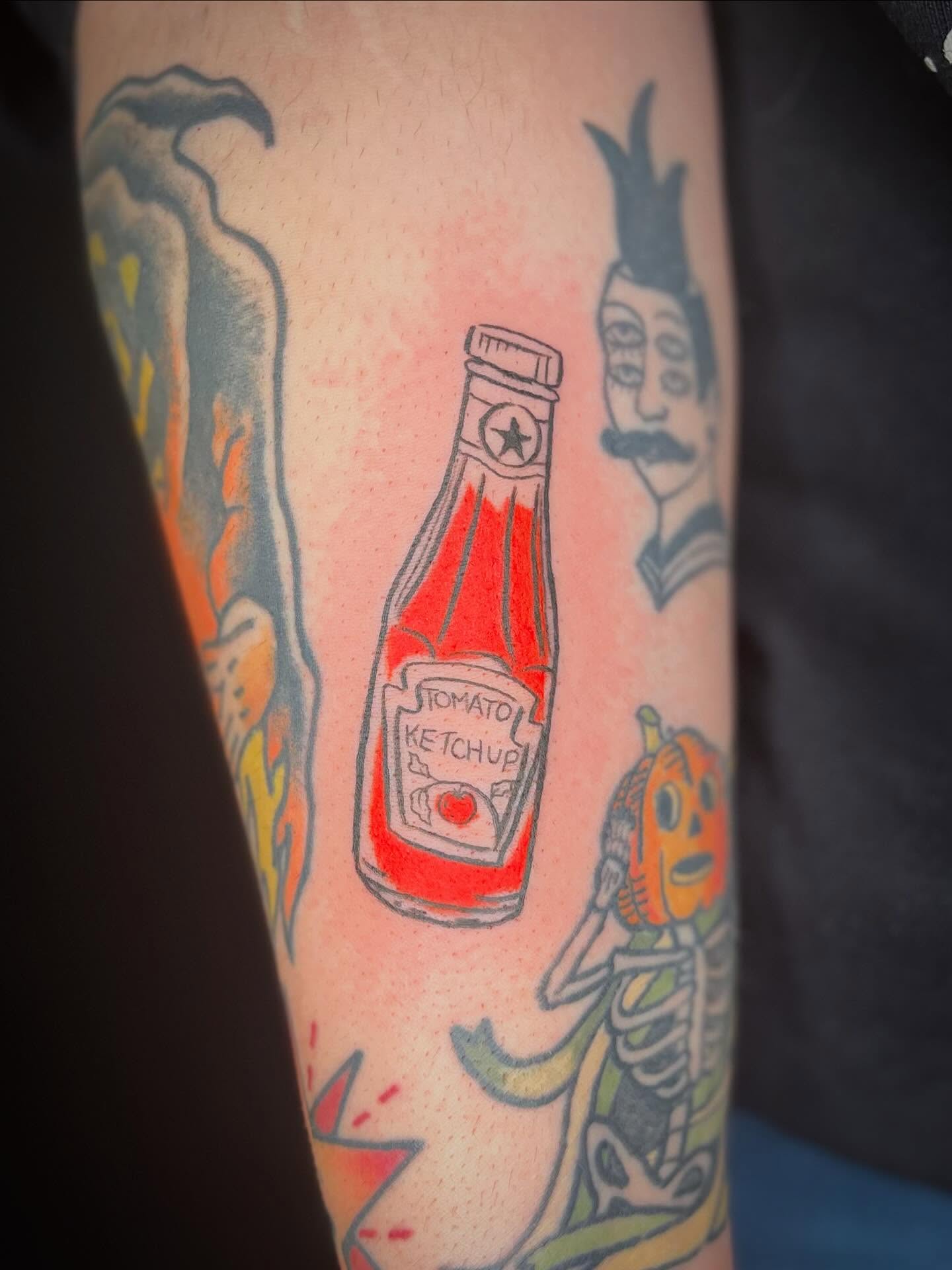 Ketchup bottle American traditional tattoo on the forearm by zoe? tattoo artist¿
