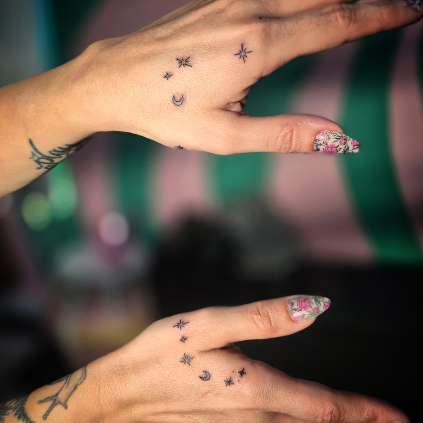 Stars and crescent moon dotwork tattoo on the hand by π΅ππππ§π»ββοΈβΛκ©ο½‘β