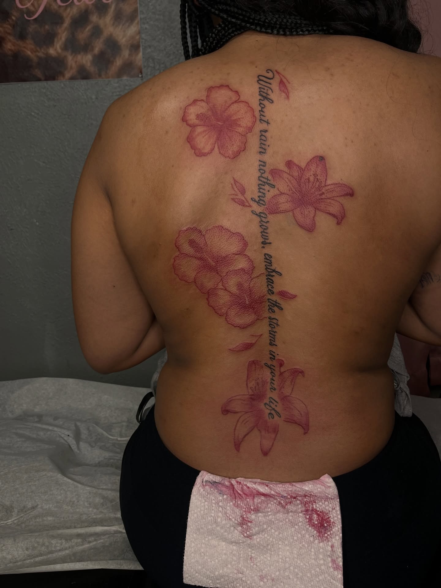 Flowers and quote dotwork tattoo on the back by The inspo