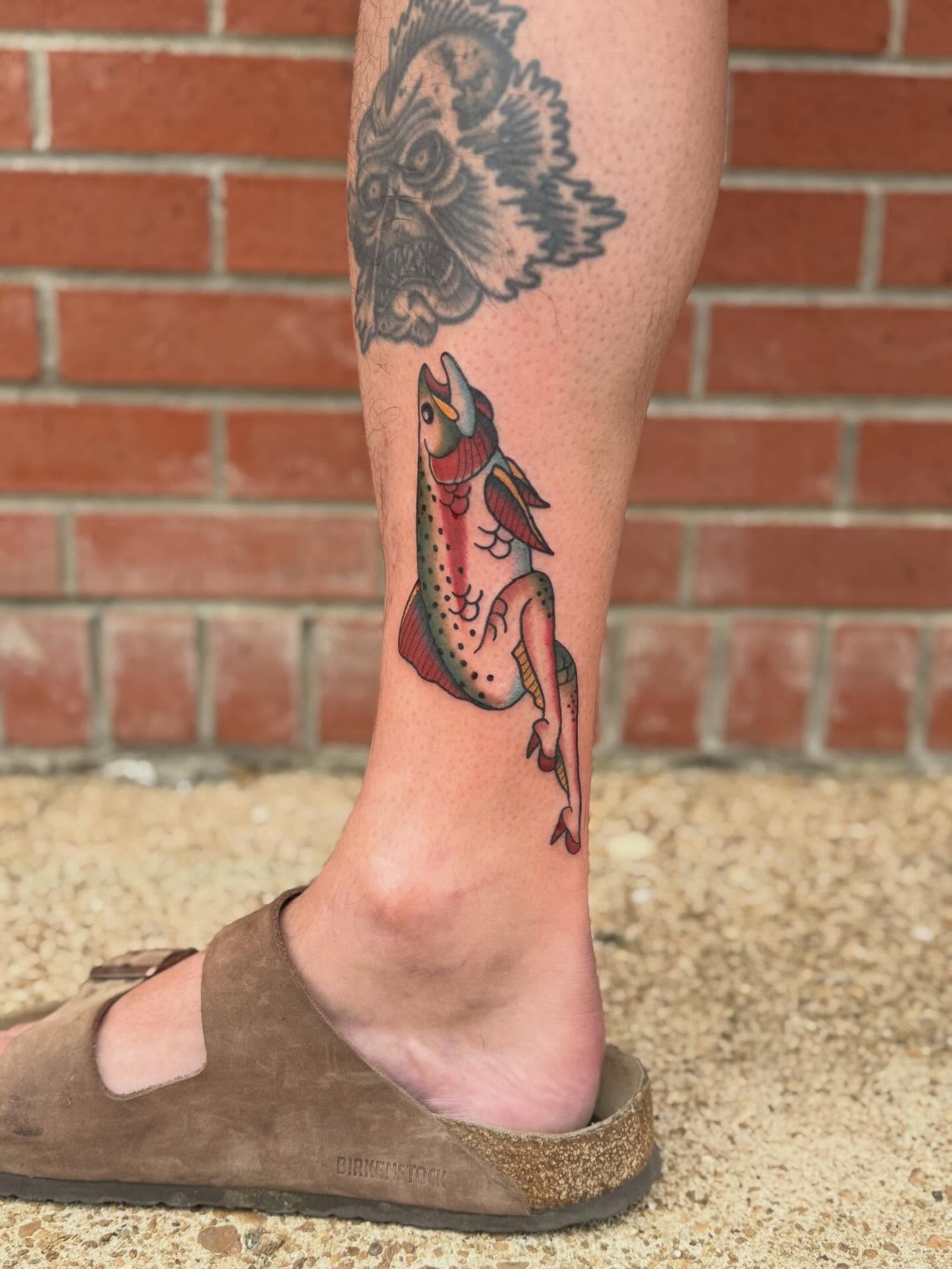 Fish American traditional tattoo on the calf by Aly Rucker, Murfreesboro, Tennessee