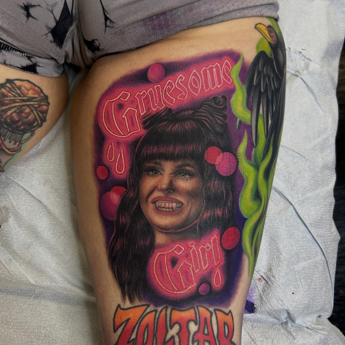 Zoltar realism tattoo on the thigh by Mary Rose Heckle
