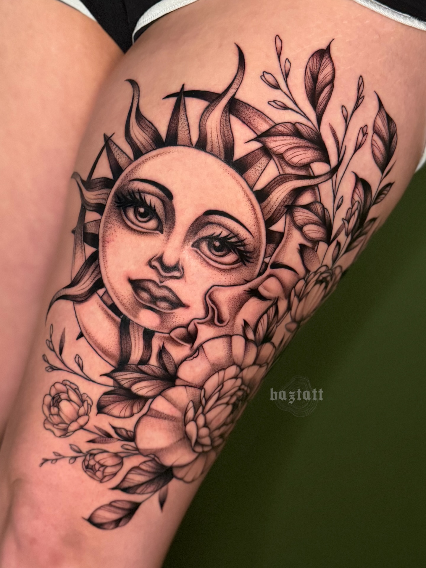 Sun and floral dotwork tattoo on the thigh by bri allura ✿ tattoo artist  ✿ cleveland, oh