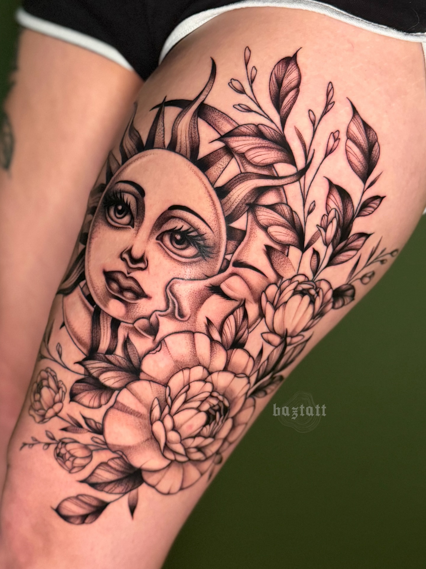 Sun and floral wreath realism tattoo on the thigh by bri allura ✿ tattoo artist  ✿ cleveland, oh