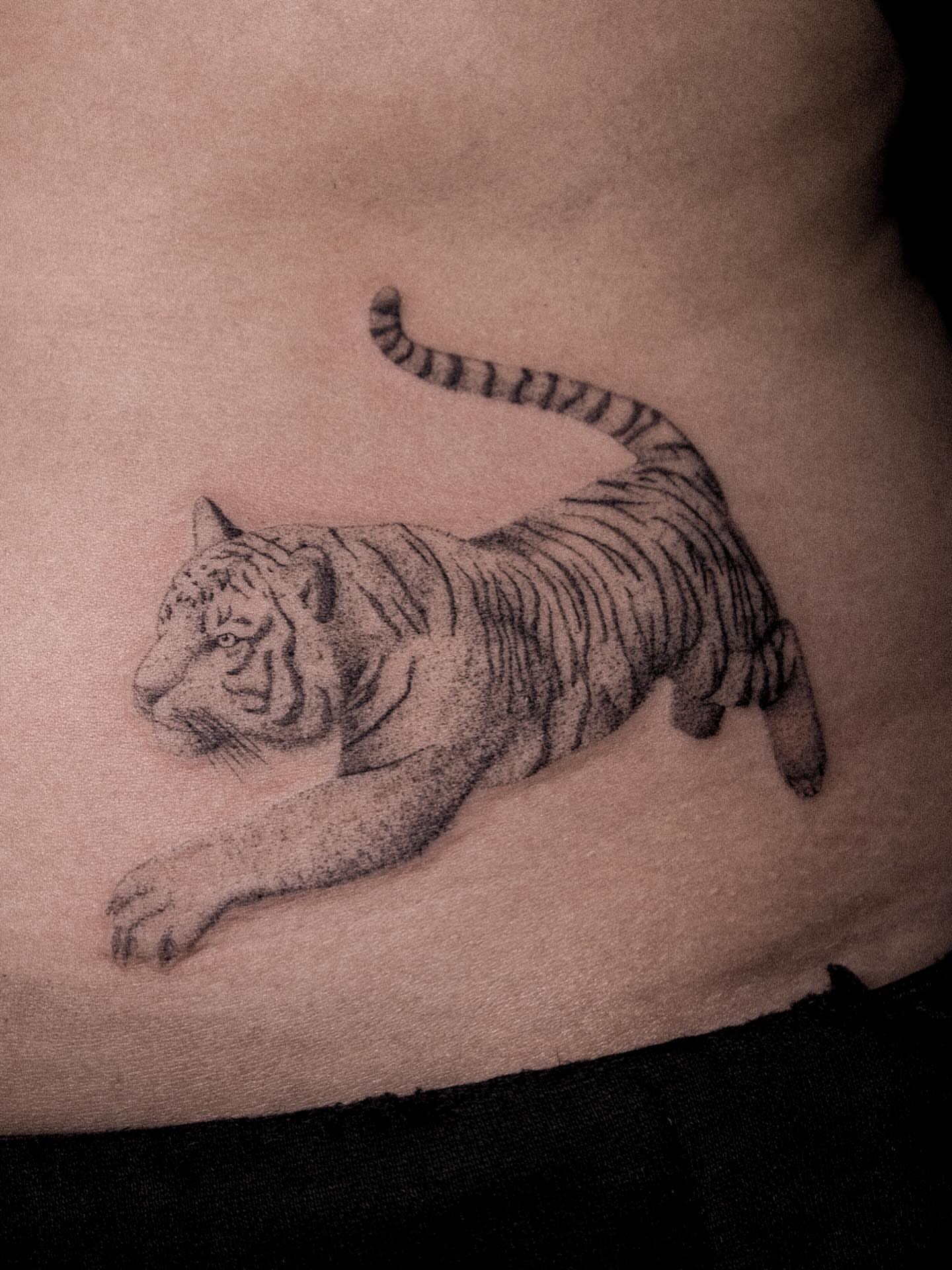 Tiger realism tattoo on the ribs by ๐๐, Tacoma, Washington