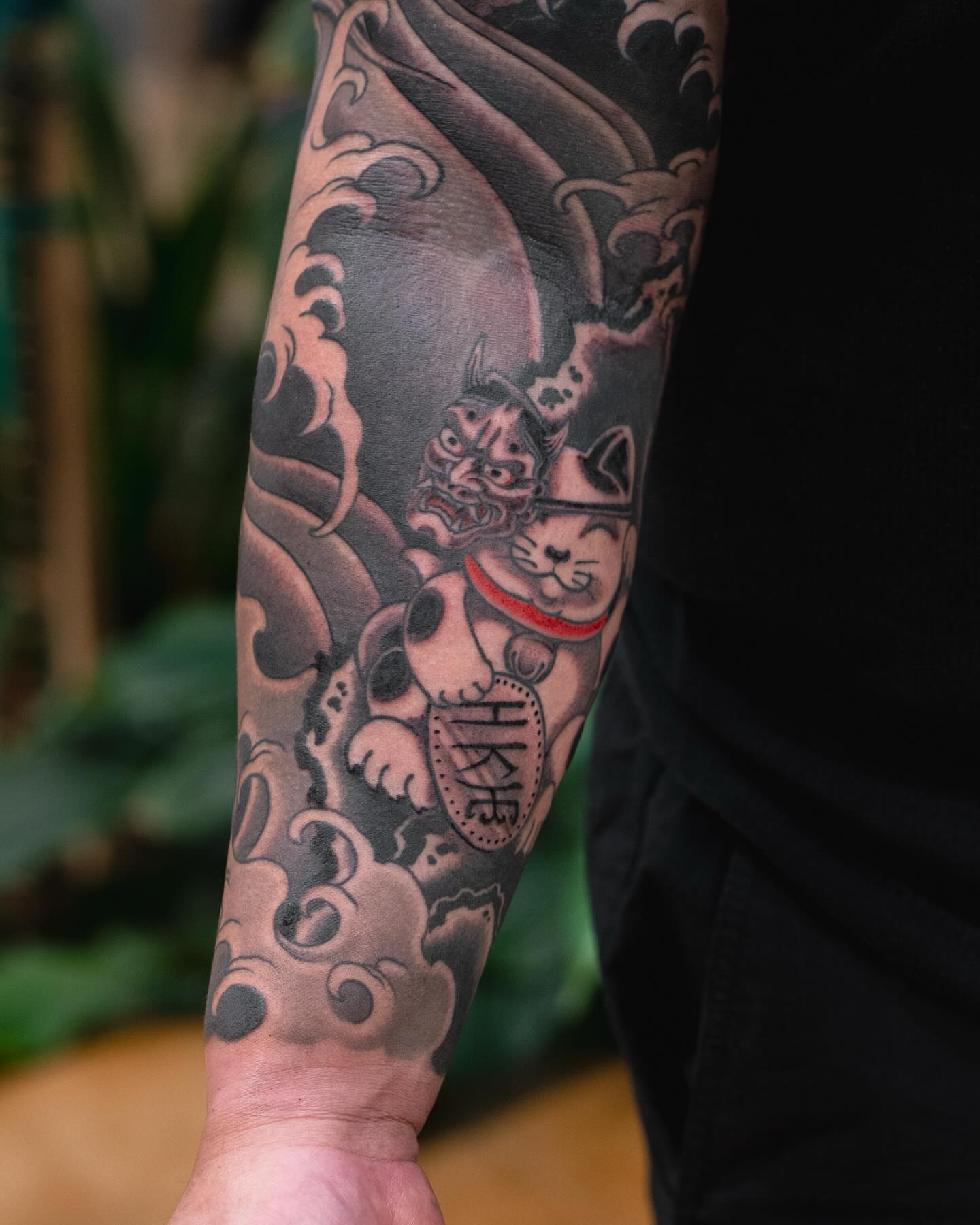 Cat and demon japanese irezumi tattoo on the forearm by Matt Leibo, San Francisco, California