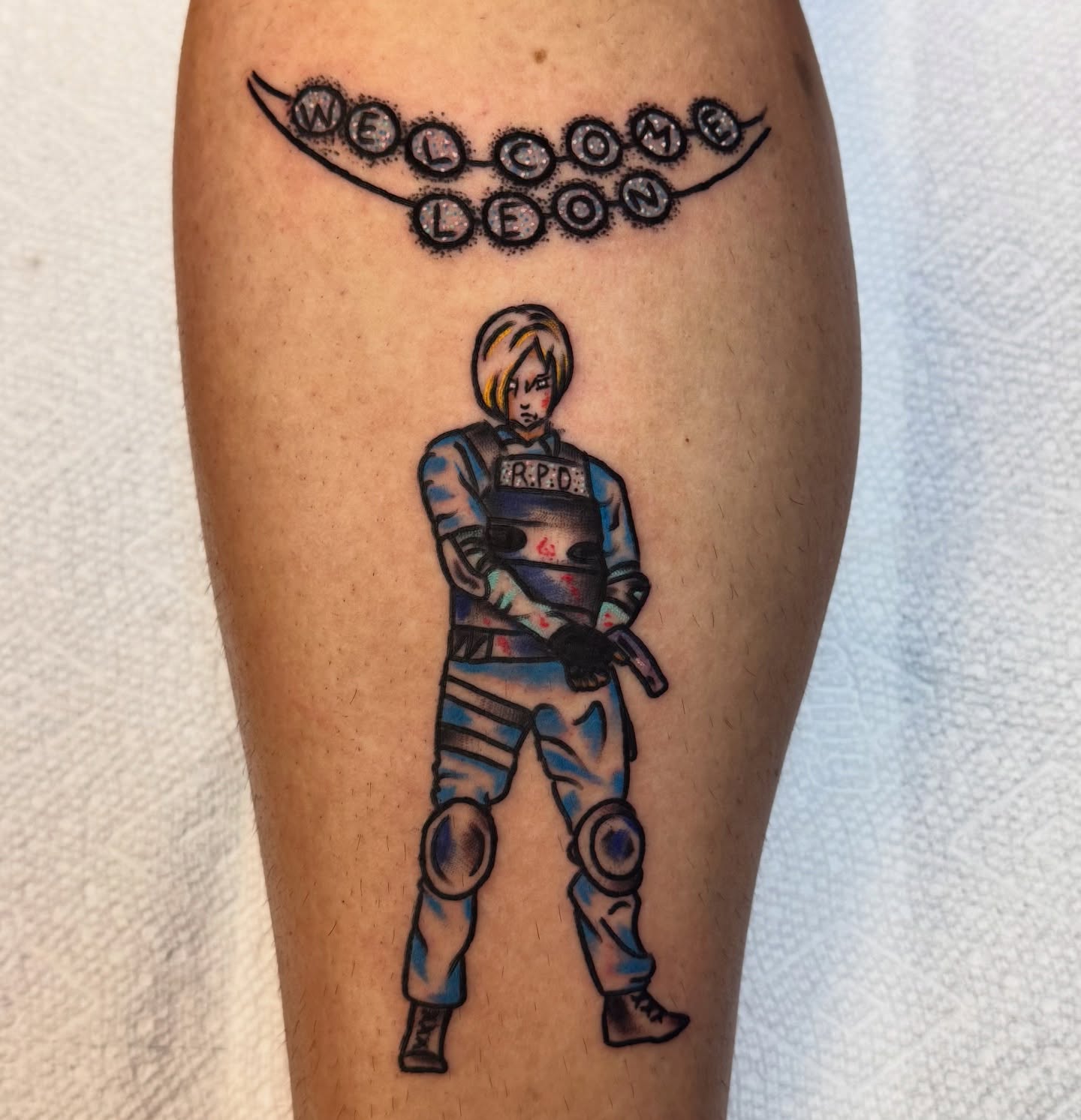 Leon Kennedy dotwork tattoo on the forearm by Brandon
