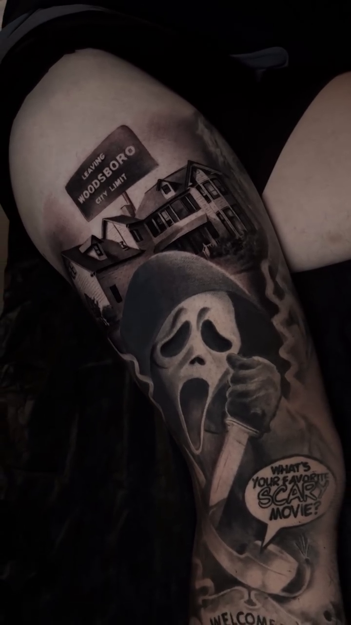 Ghostface from Scream dark realism tattoo by Martin Reyes Jr