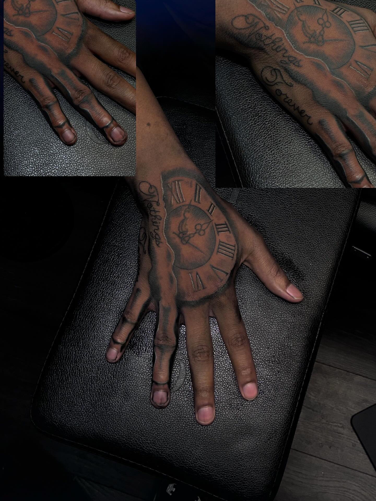 Clock black and grey tattoo on the hand by Ink’d by Reina 🖤, Colorado Springs, Colorado