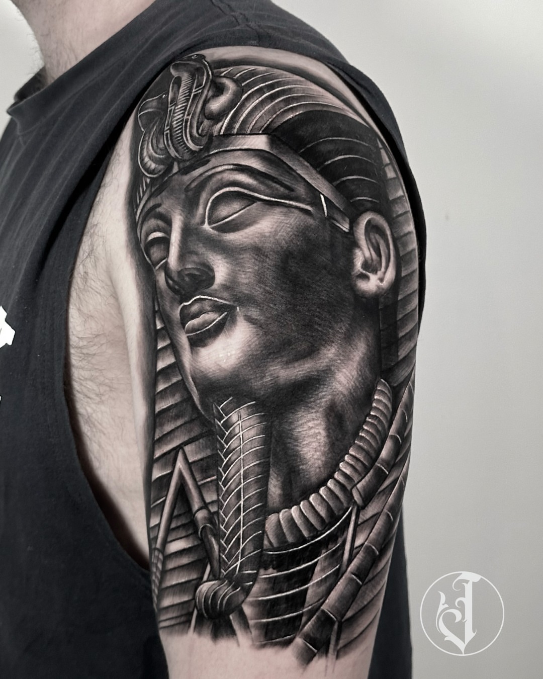 Pharaoh realism tattoo on the shoulder by Tattoos By Josh