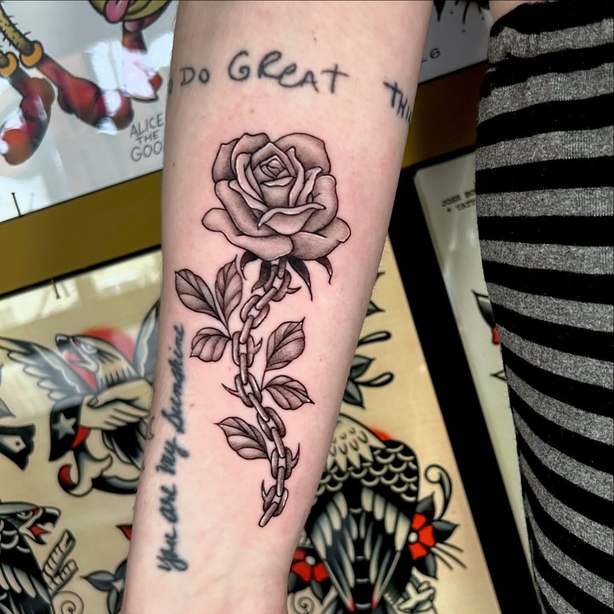 Rose with chain black and grey tattoo on the forearm by 🕸🖤Kass🖤🕸