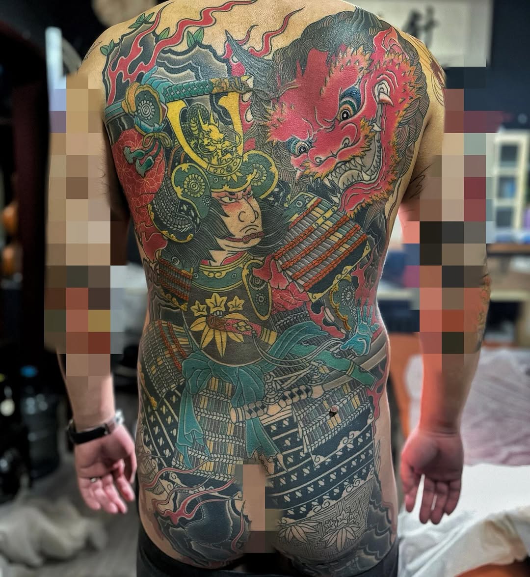 Samurai and dragon Japanese tattoo on the back by Xiaojun Yin, Vancouver, British Columbia