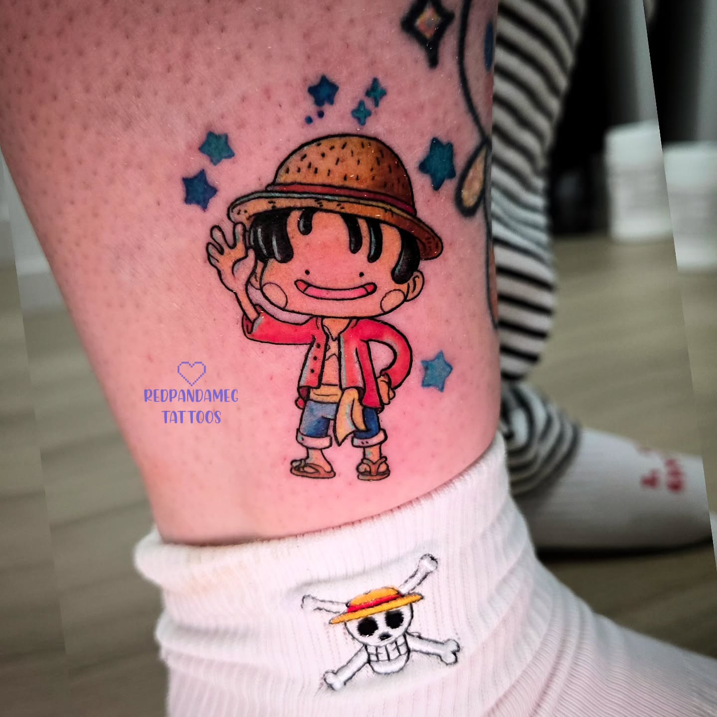 Chibi character dotwork tattoo on the forearm by Meghan Hounsell