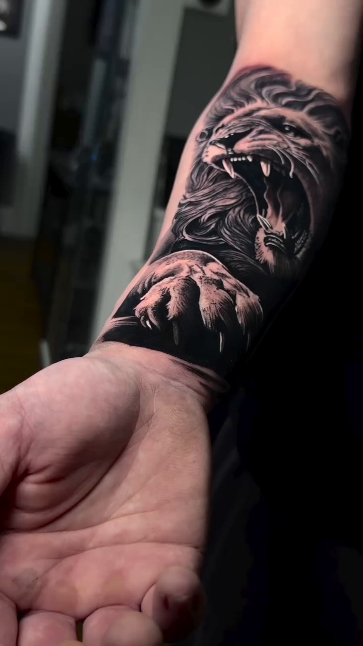 Lion's head and paws realism tattoo on the forearm by caleb coley