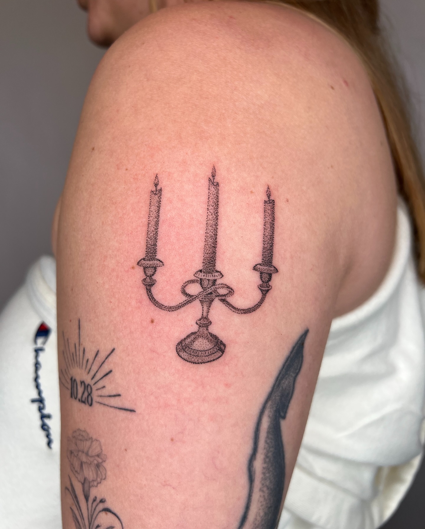 Candelabra dotwork tattoo on the shoulder by kait ❃ hartman