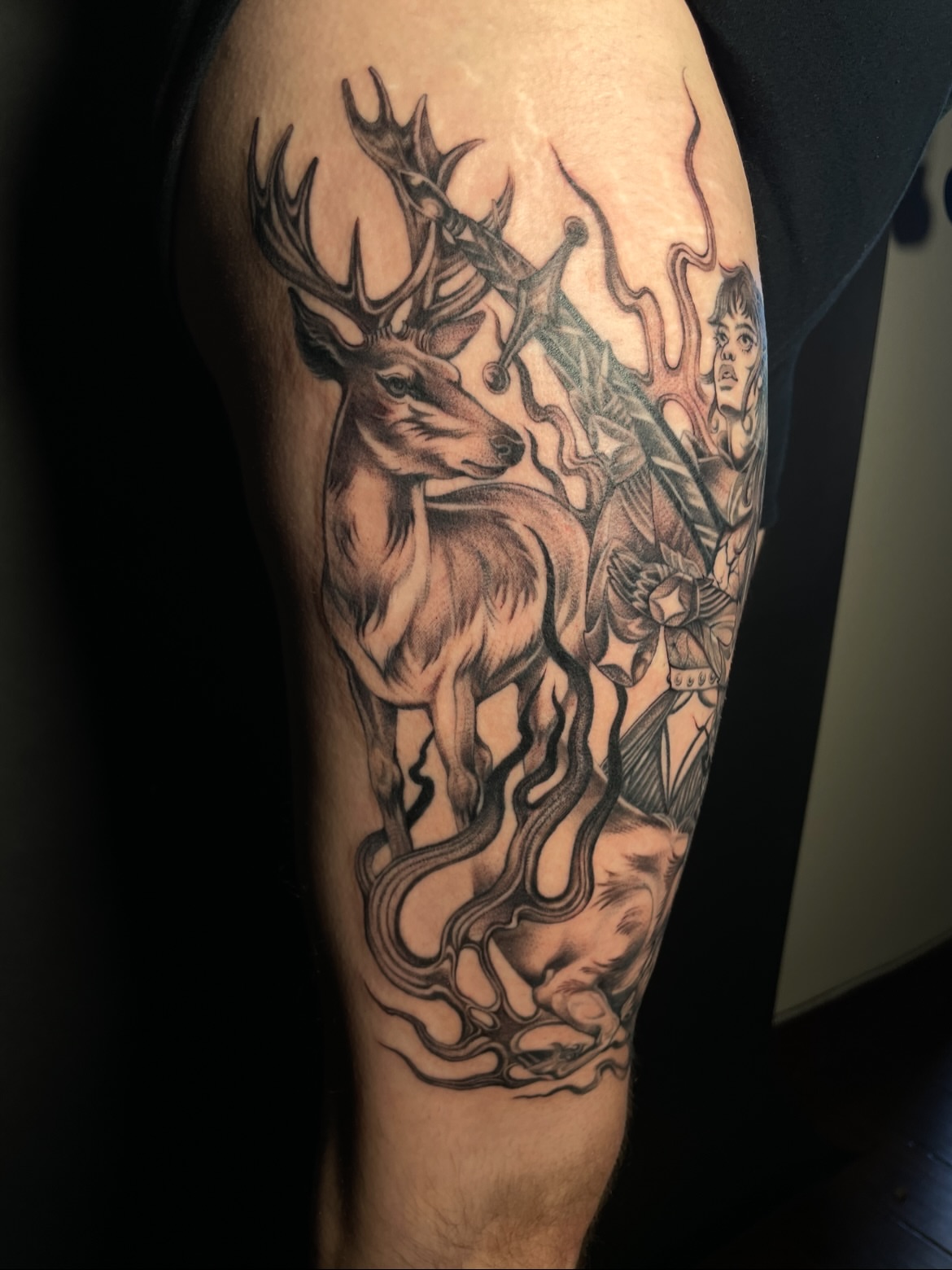Stag and woman dotwork tattoo on the thigh by Eryn, Portland, Oregon