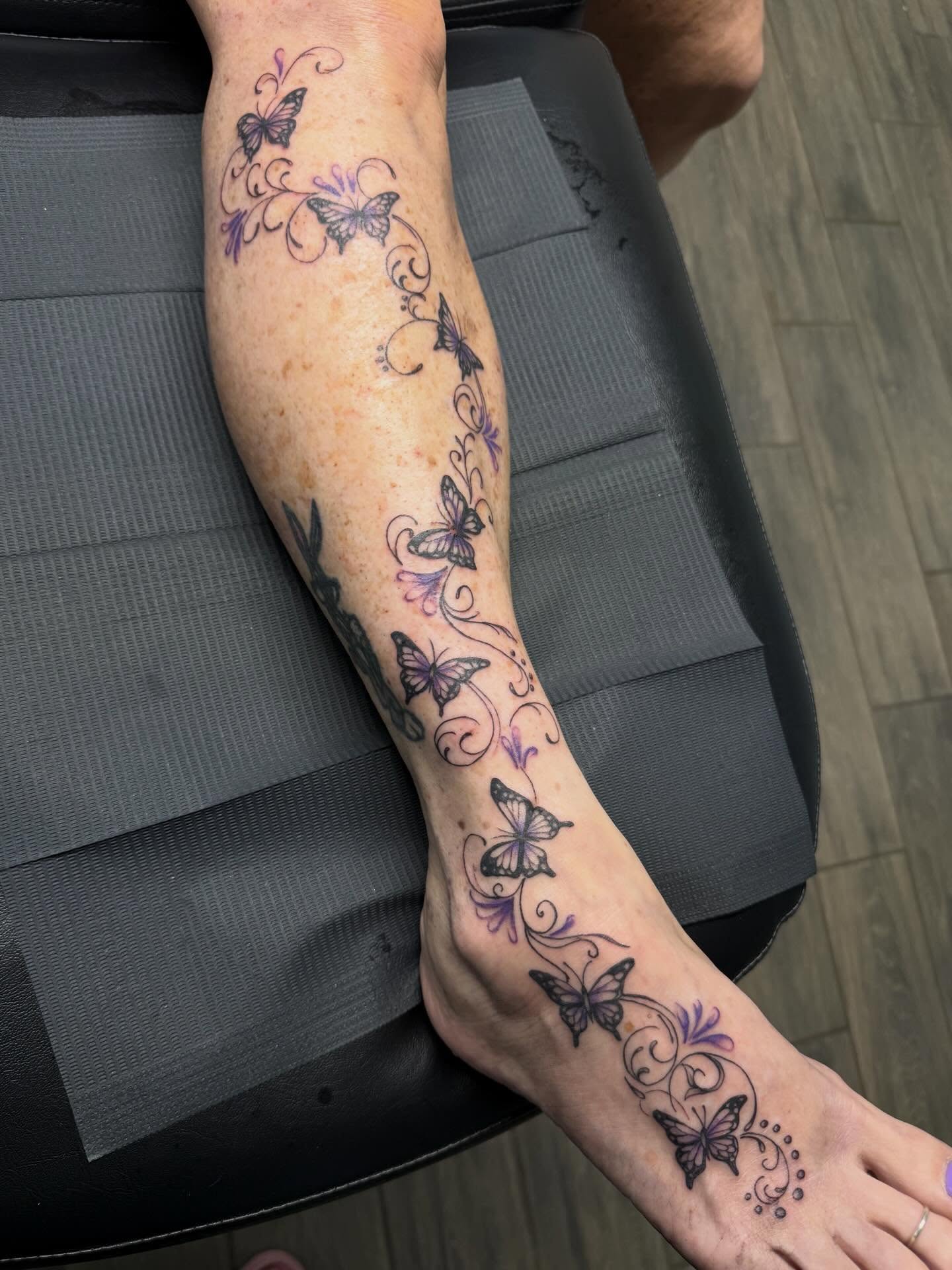 Butterflies ornamental tattoo on the calf by Stephania ATLANTA TATTOO ARTIST🎨