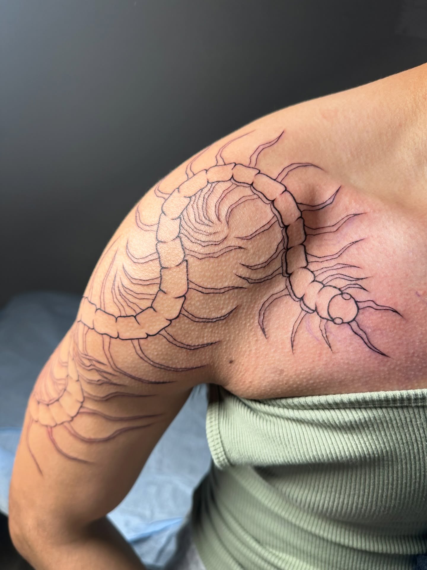 Centipede black and grey tattoo on the shoulder by Isla Araoz <3