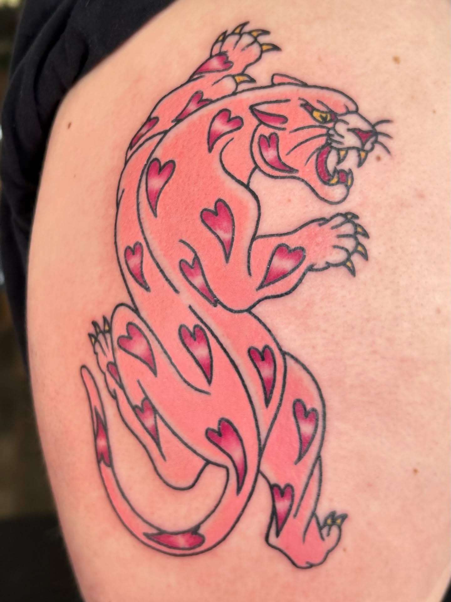 Panther new school tattoo on the shoulder by Courtney