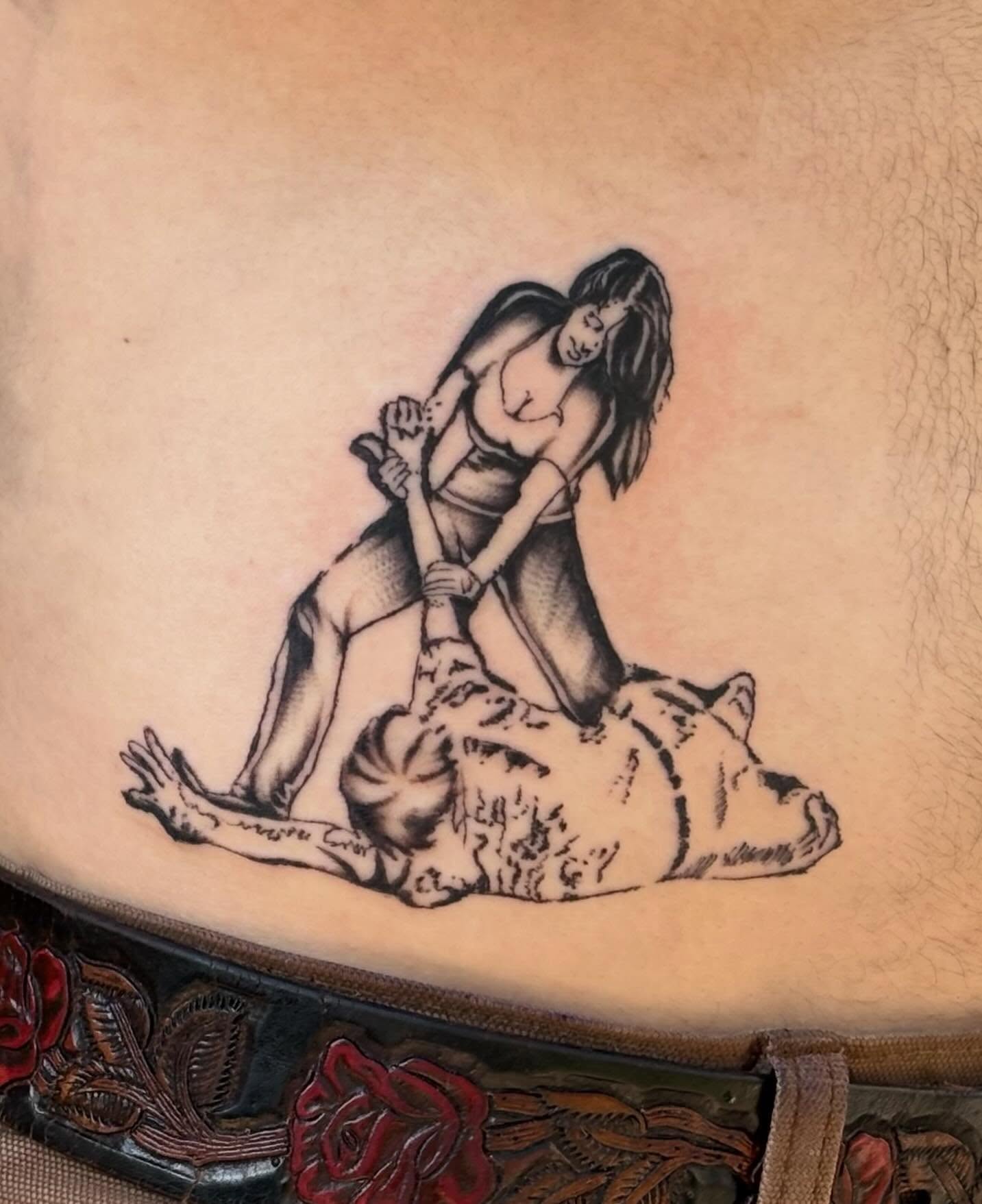 Woman wrestling bear black and grey tattoo on the torso by ☻︎ Cyd Precious ☹︎