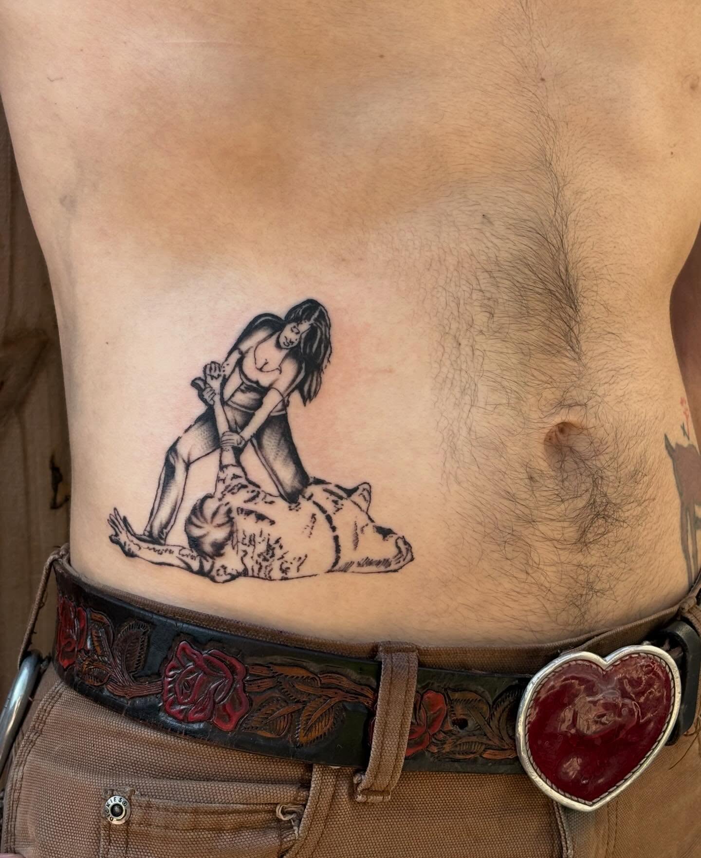 Woman wrestling wolf American traditional tattoo on the ribs by ☻︎ Cyd Precious ☹︎